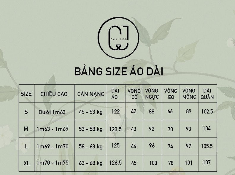 Size chart for long-sleeve shirts with Cây Léo branding on a light green background.