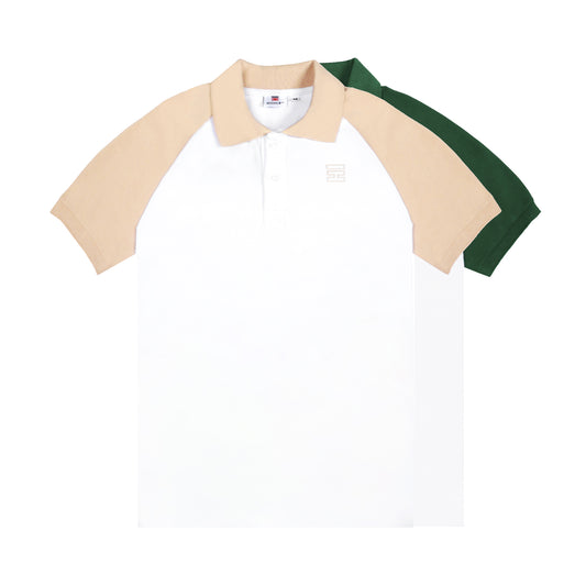 Polo shirt with beige sleeves and green accents on a white background