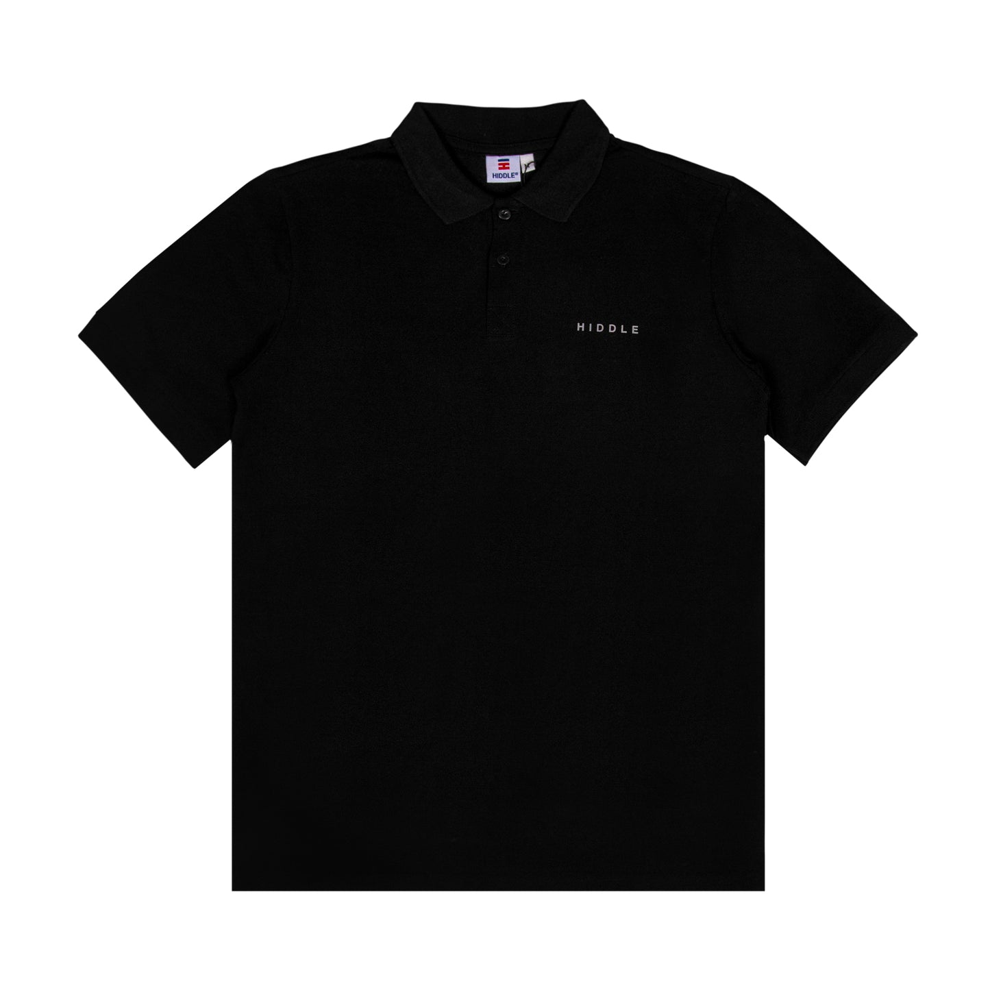 Black polo shirt with 'MIDDLE' logo on a white background