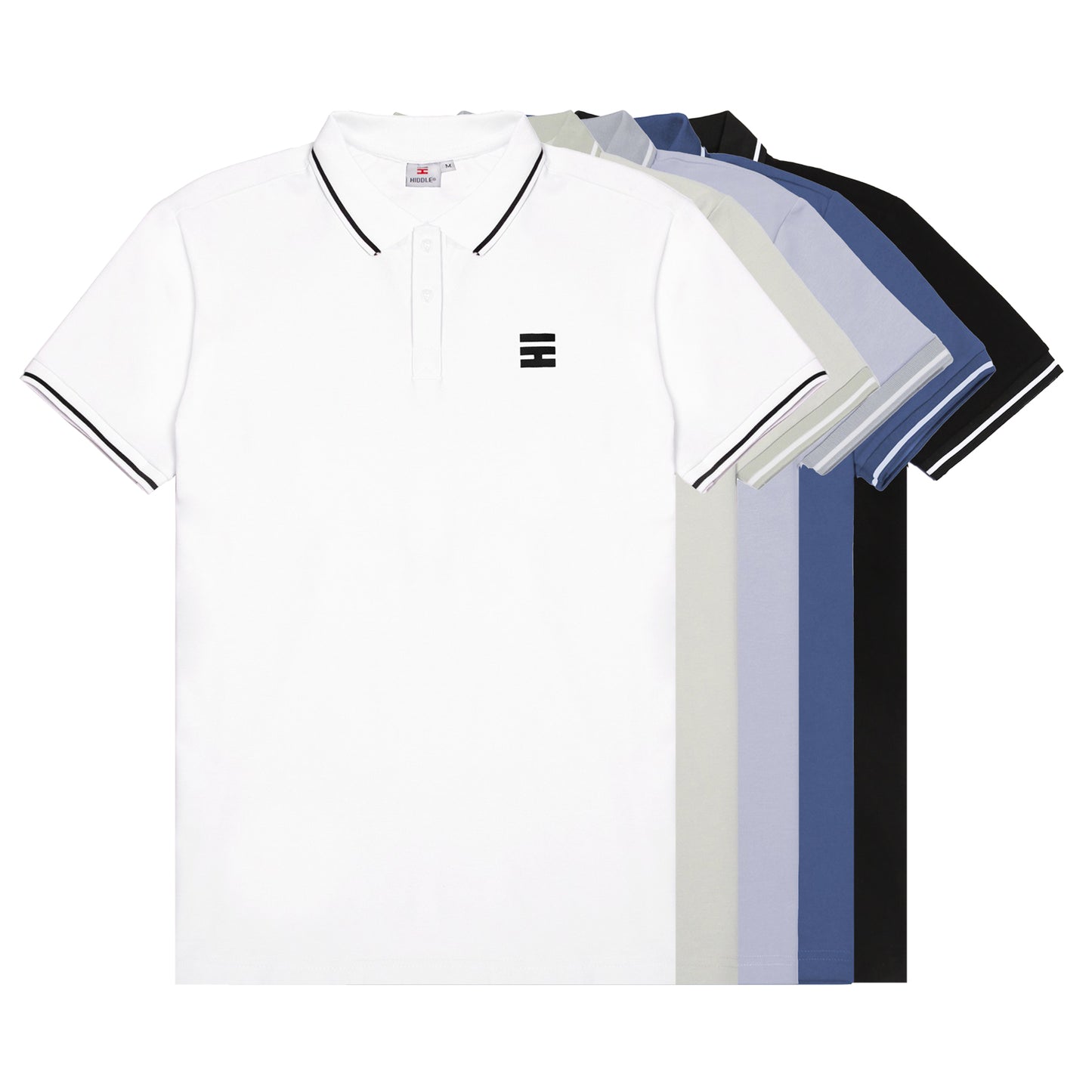 Set of white polo shirts with black and blue accents on a white background