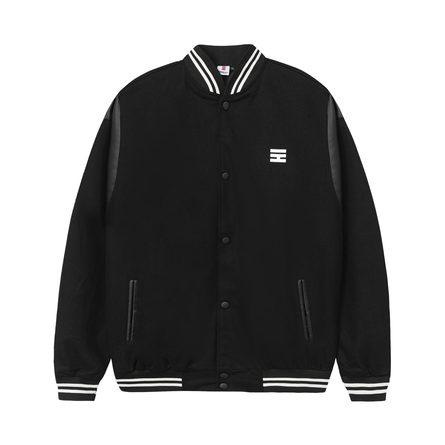 Black varsity jacket with white logo on a white background