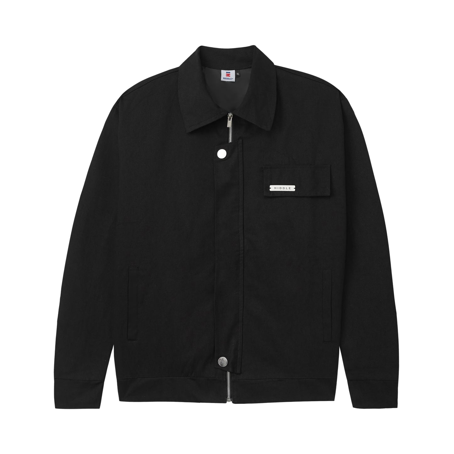 Black jacket with a brand logo on a white background