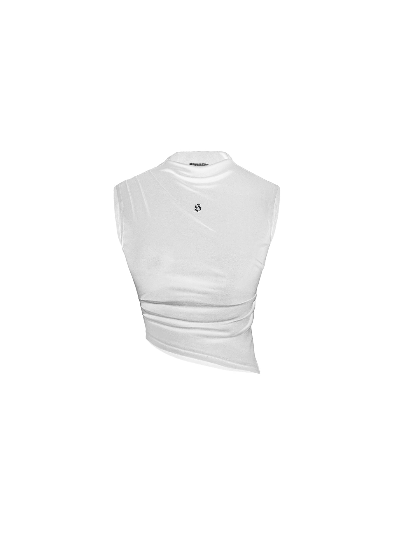White sleeveless top with a small logo on a white background