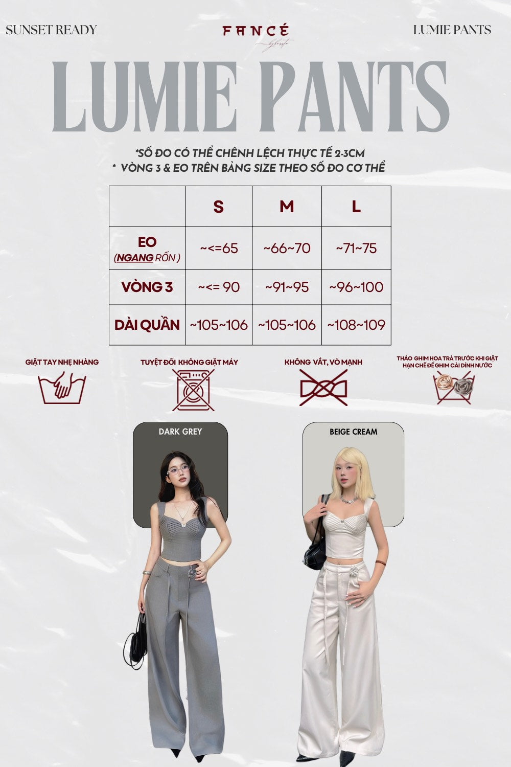 Size chart for 'Lumie Pants' with models wearing the pants on a light gray background.