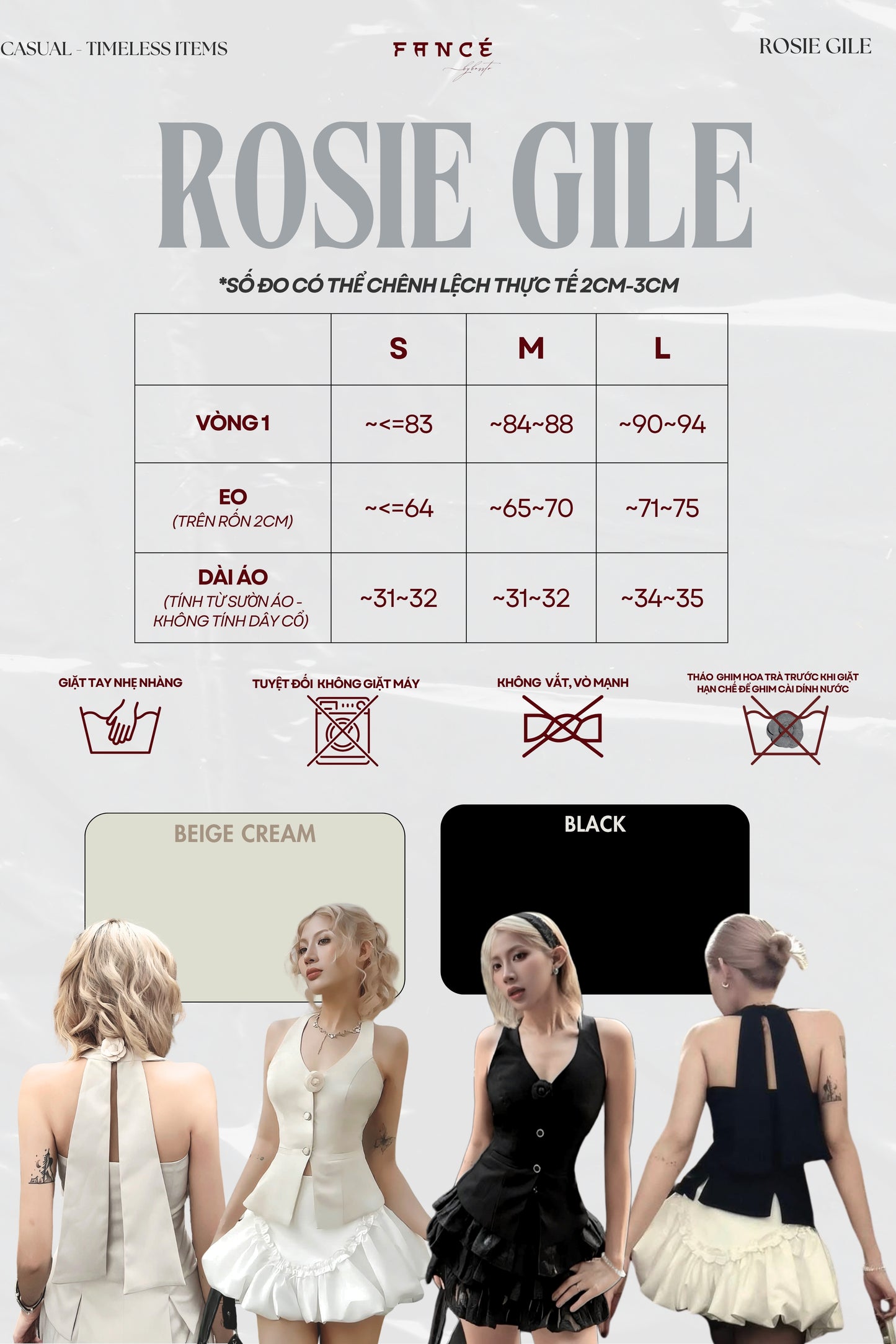 Rosie Gile clothing size chart with models wearing dresses in beige and black.