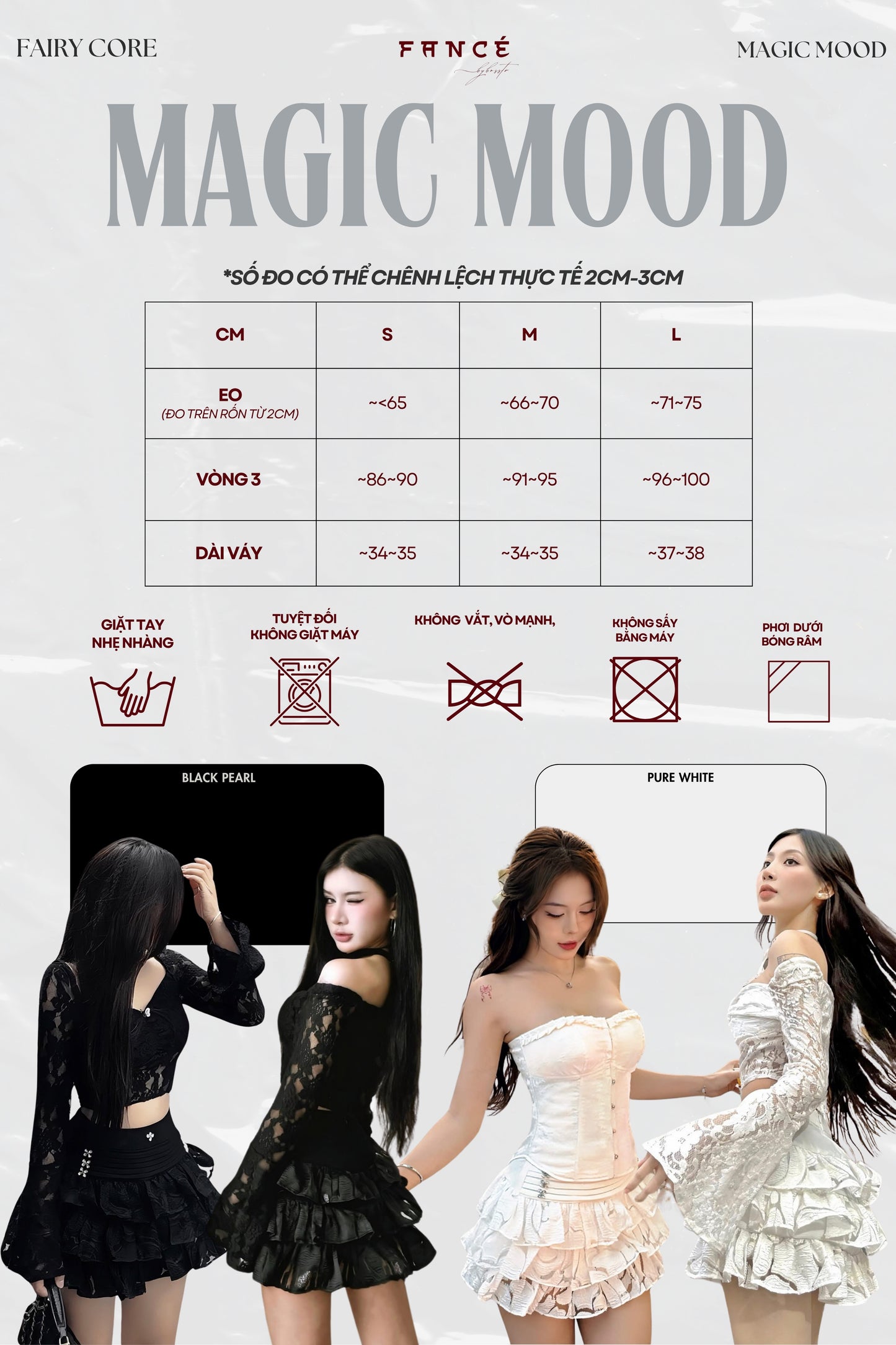 Size chart for dresses with measurements and models wearing different styles.