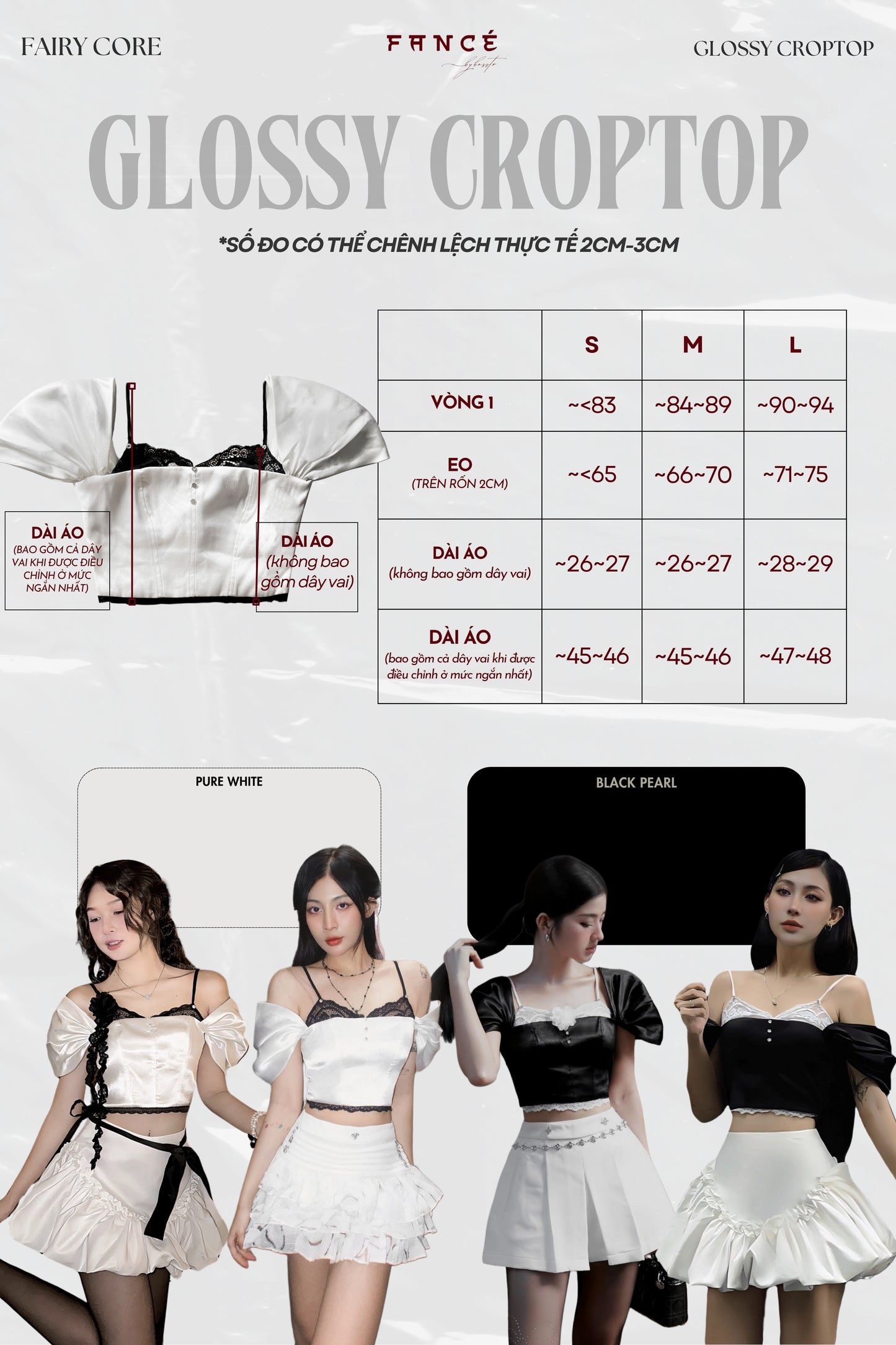 Glossy Croptop product information with size chart and model wearing the garment.