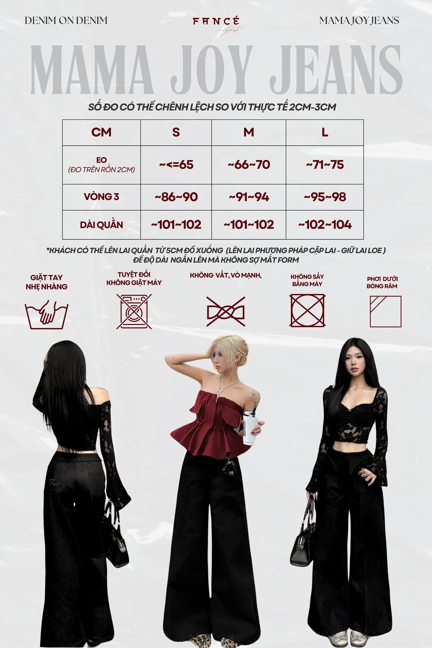 Mama Joy Jeans size chart with models wearing the jeans.