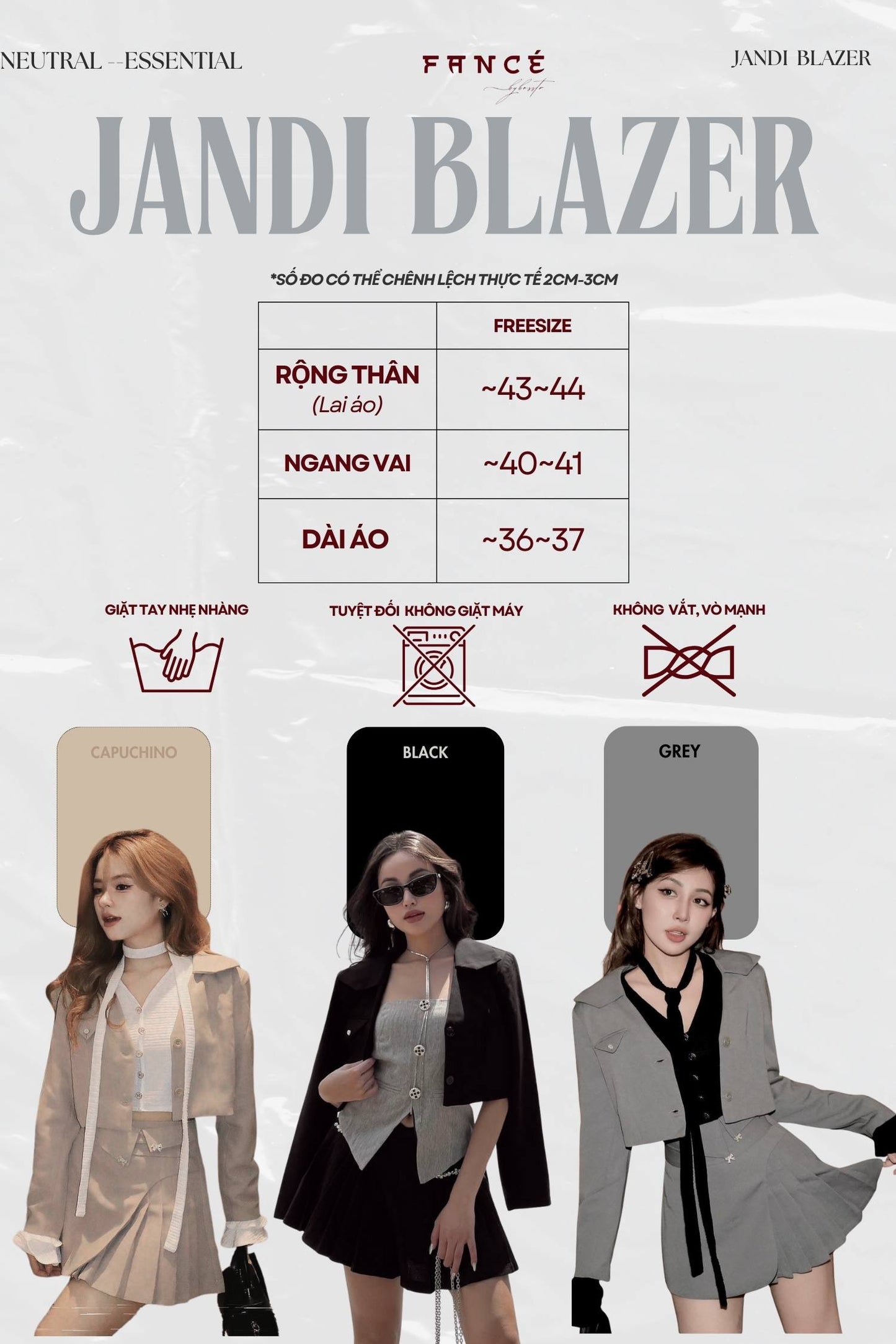 Jandi Blazer product information sheet with size chart and model images.