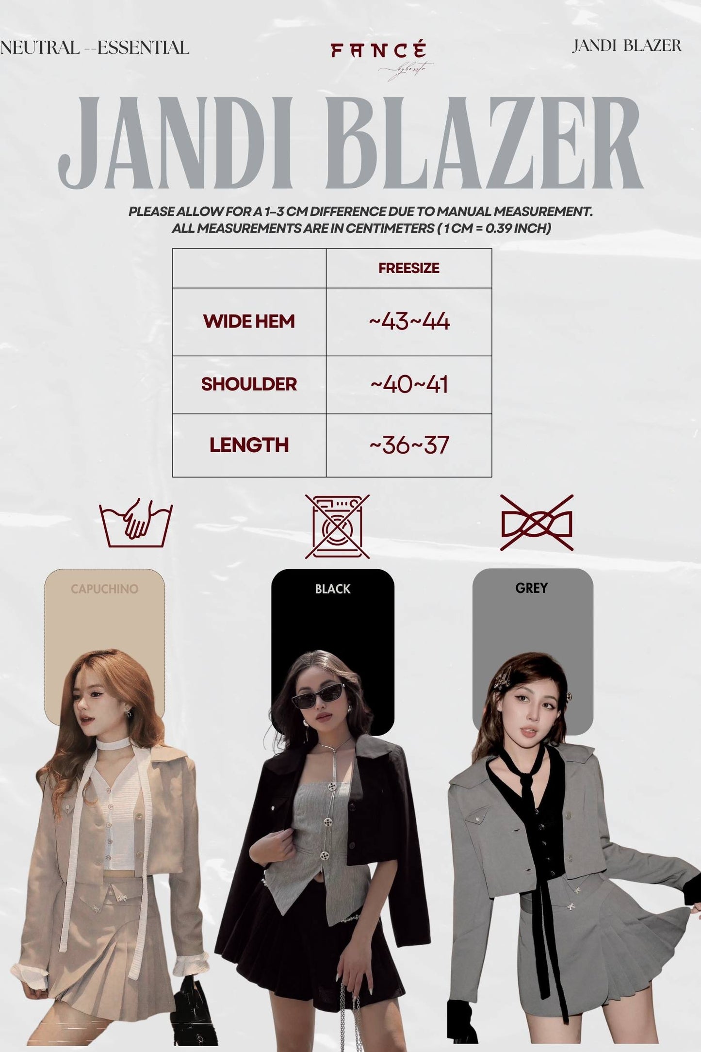 Measurement chart and style images of a Jandi Blazer with color options.