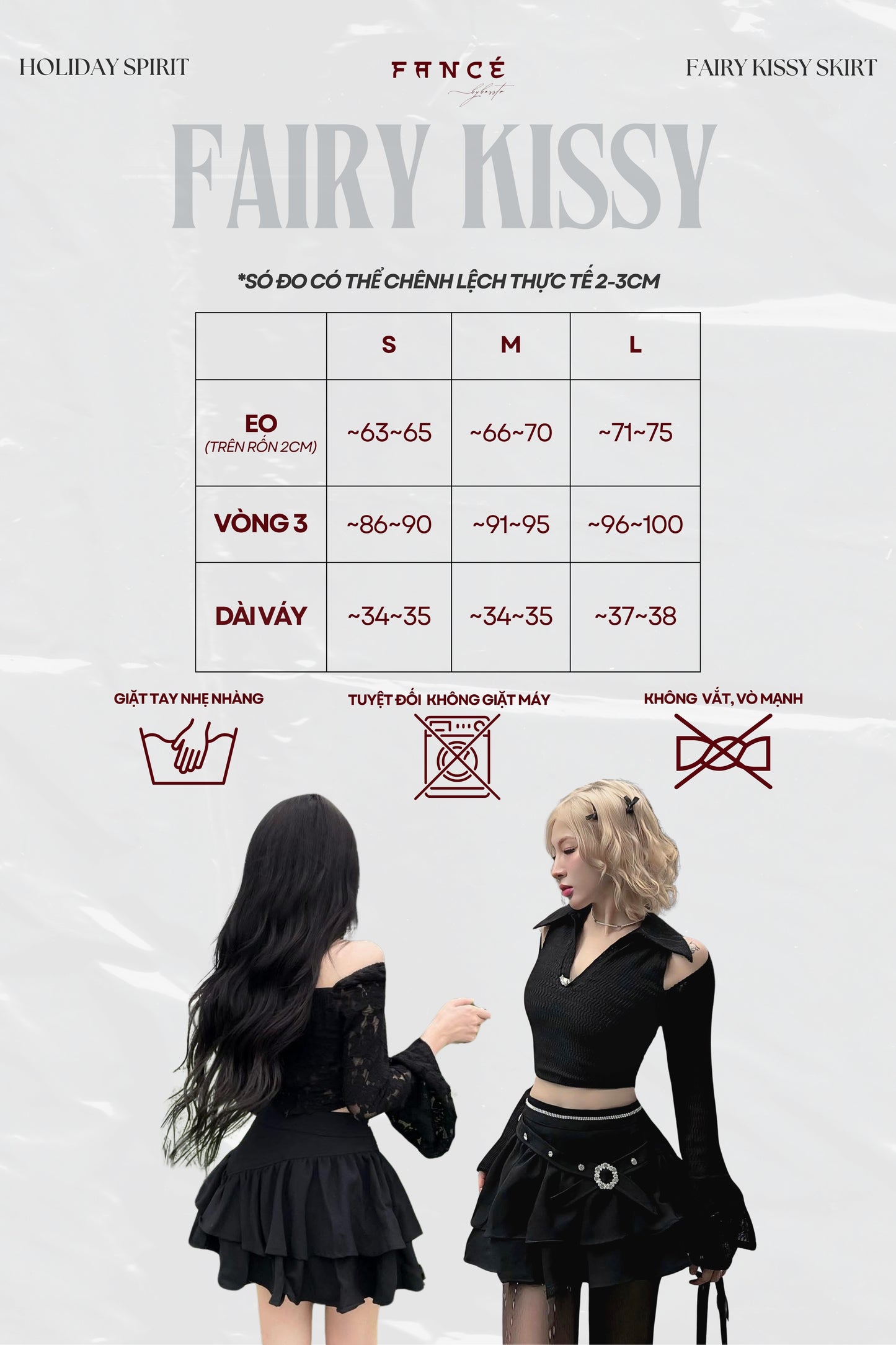 Fancé Fairy Kissy skirt size chart with two models wearing the skirt.