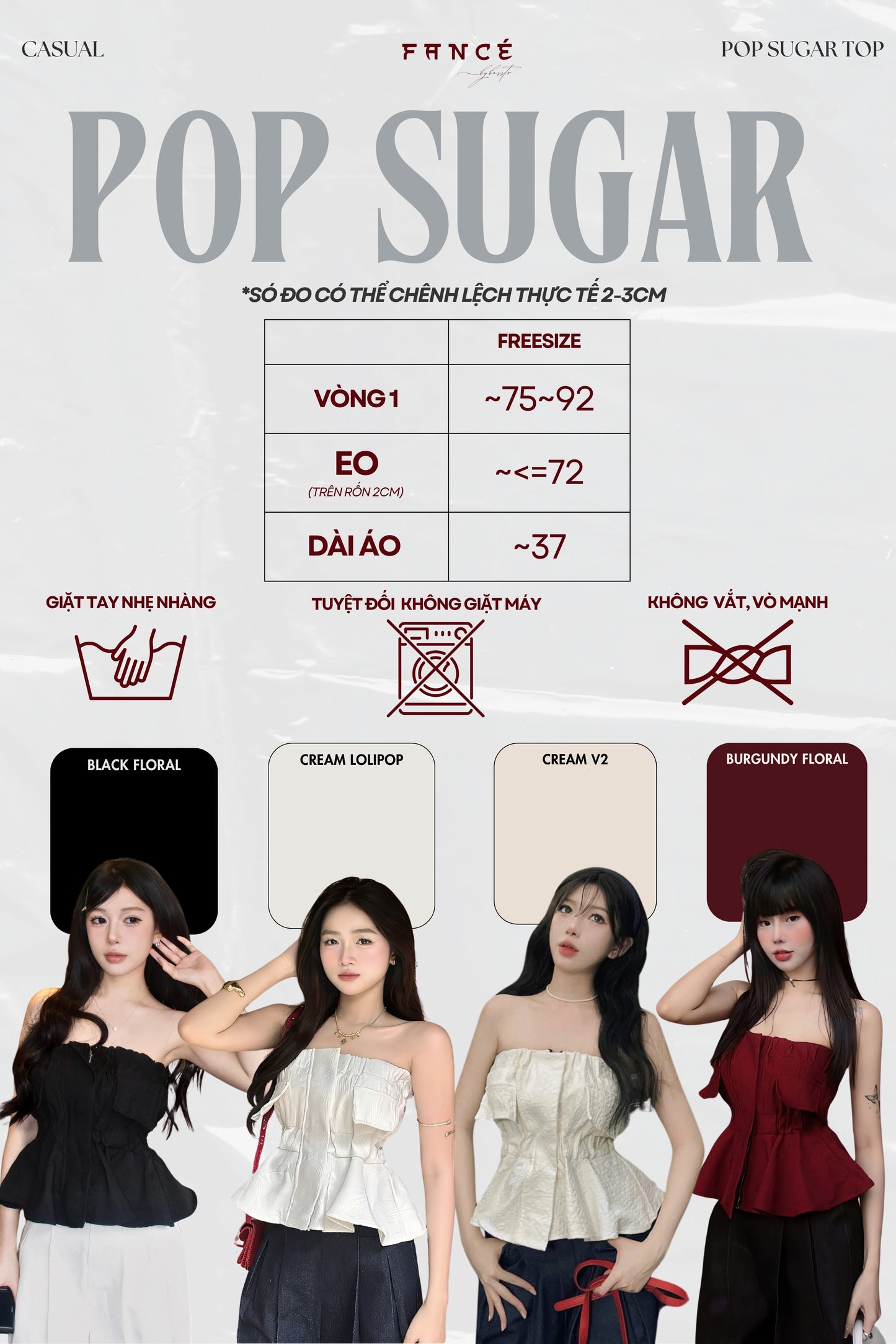 Pop Sugar clothing size chart with models wearing tops in various colors.