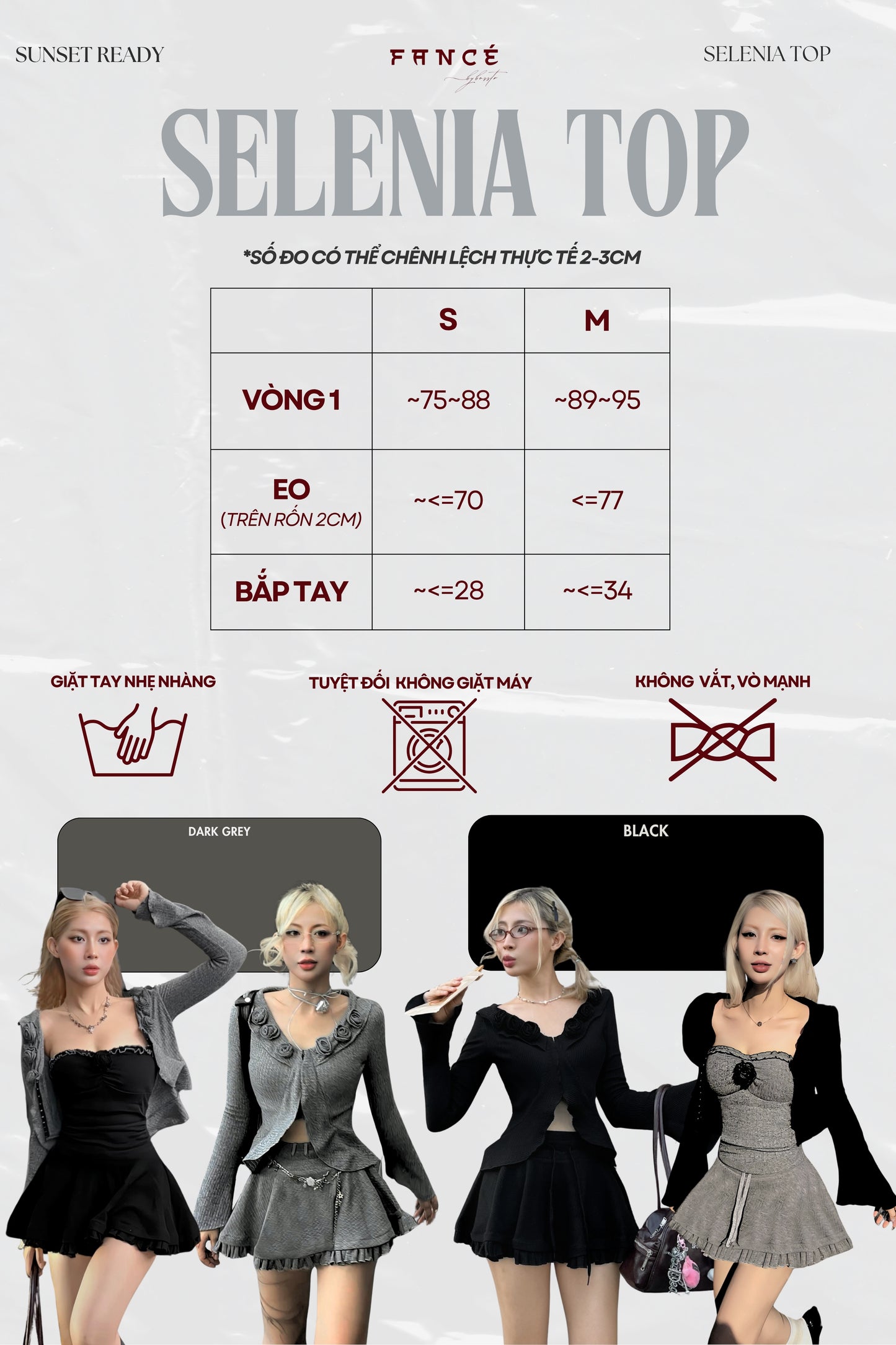 Size chart and outfit display for 'Selenia Top' with measurements and color options.