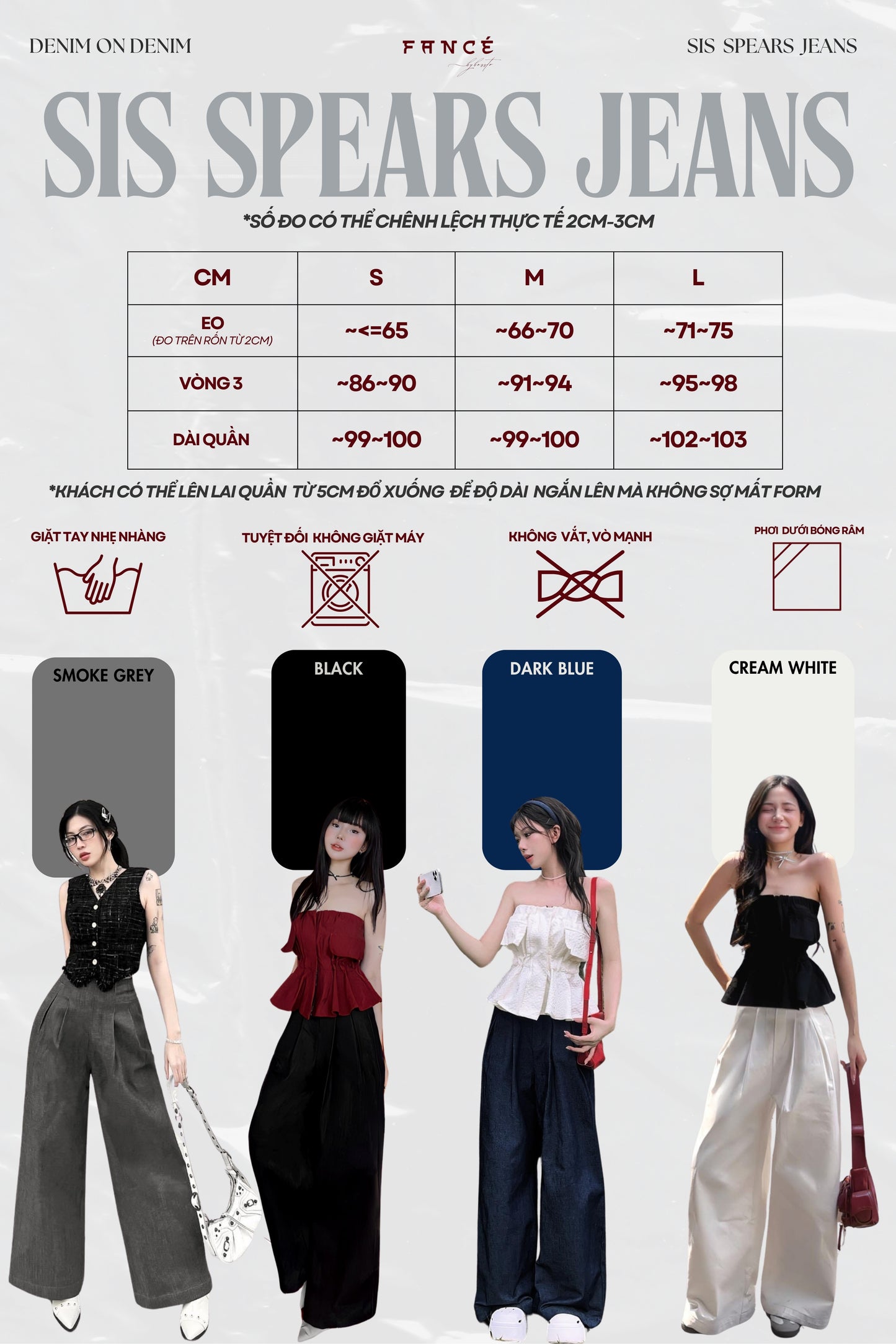 Sis Spears Jeans size chart with models wearing jeans in different colors.