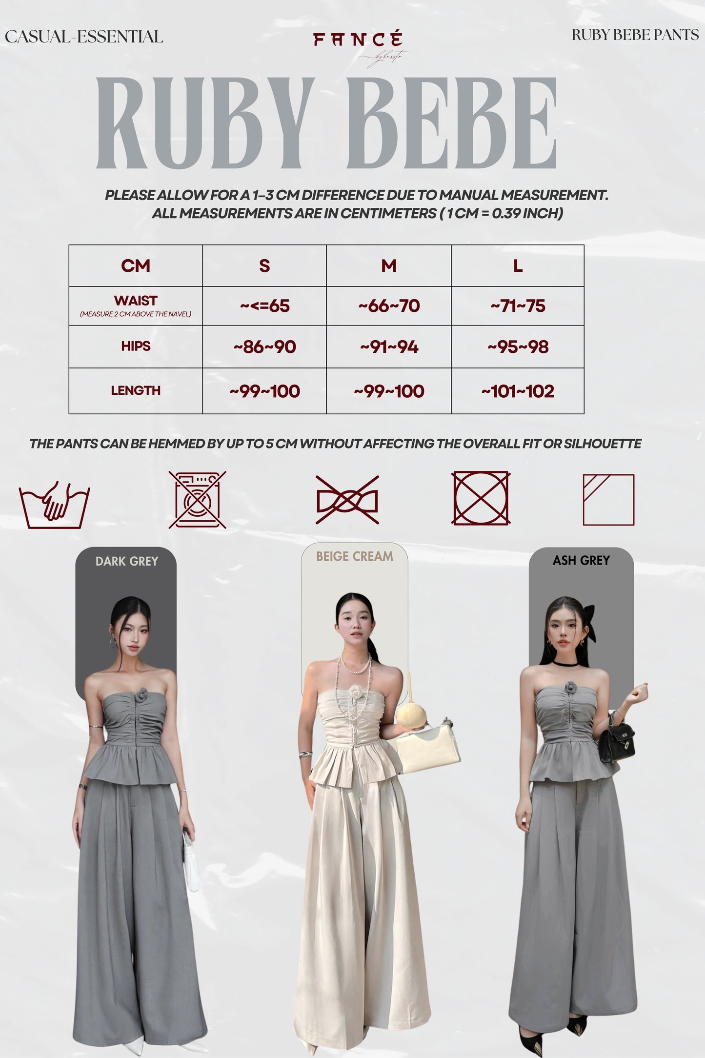 Measurement chart and color options for a dress with model wearing examples.