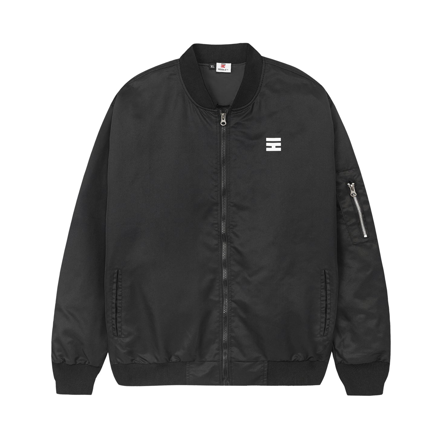 Black bomber jacket with a logo on a white background