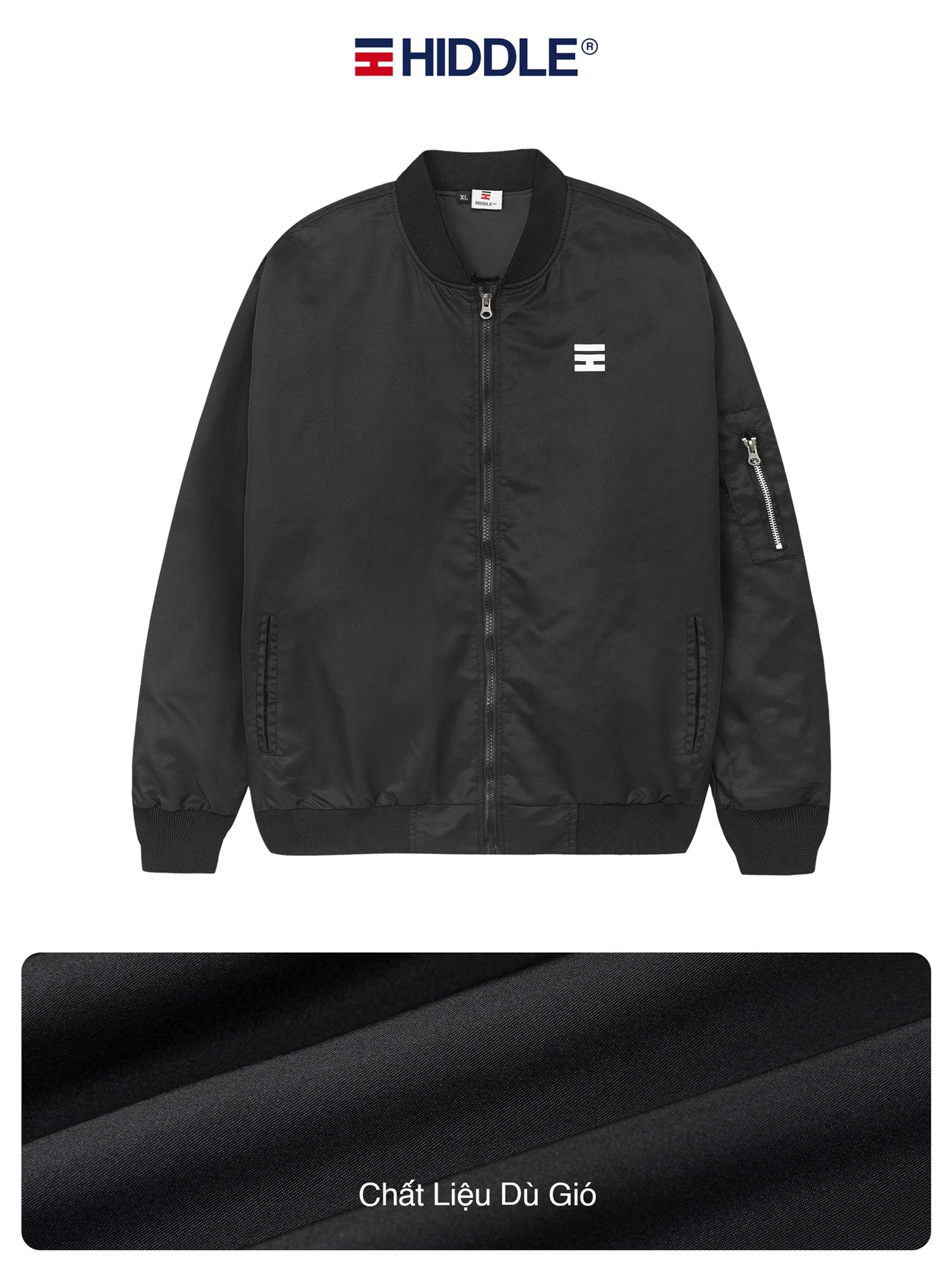 Black bomber jacket with Hiddle logo on a white background
