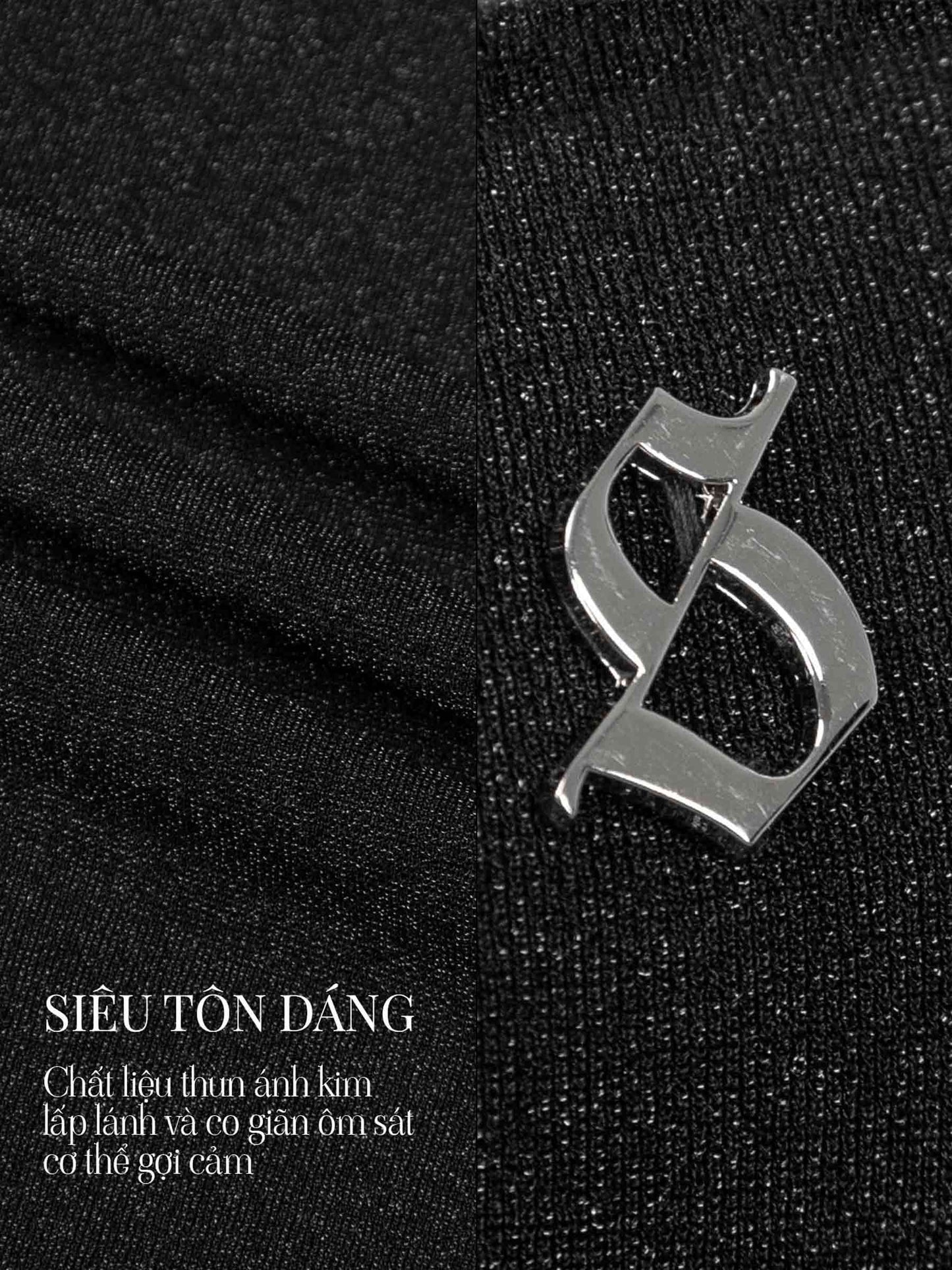 Metallic logo on black fabric with text in a foreign language