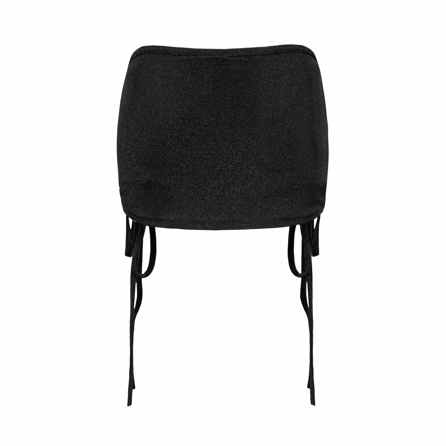 Black strapless top with thin straps on a white background