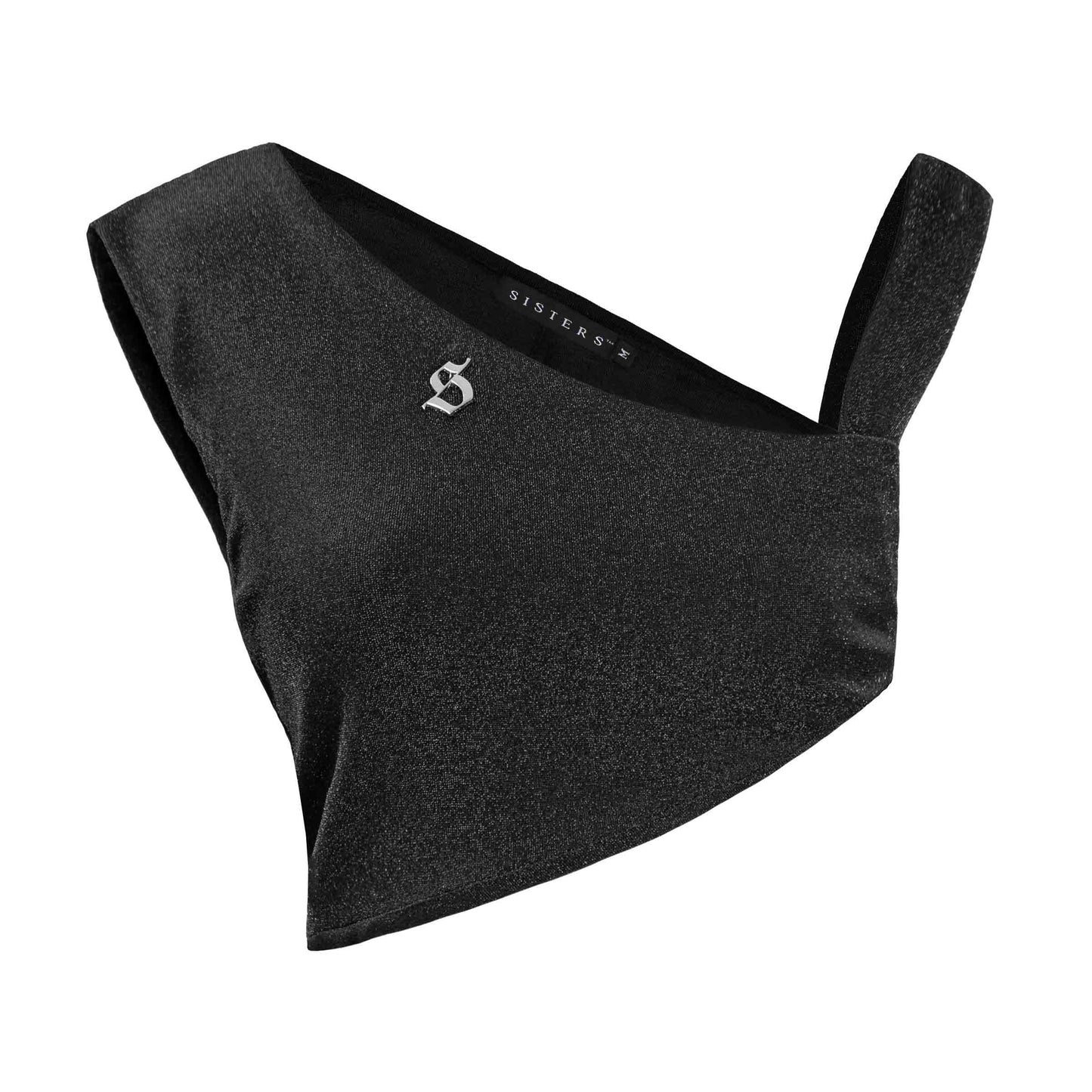 Black triangle-shaped bag with a logo on a white background