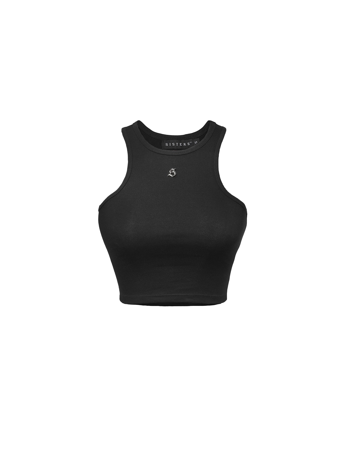 Black crop top with a brand logo on a white background