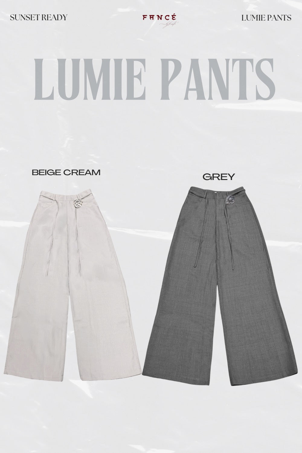 Two pairs of wide-leg pants, one beige cream and one grey, on a white background with 'Lumie Pants' branding.