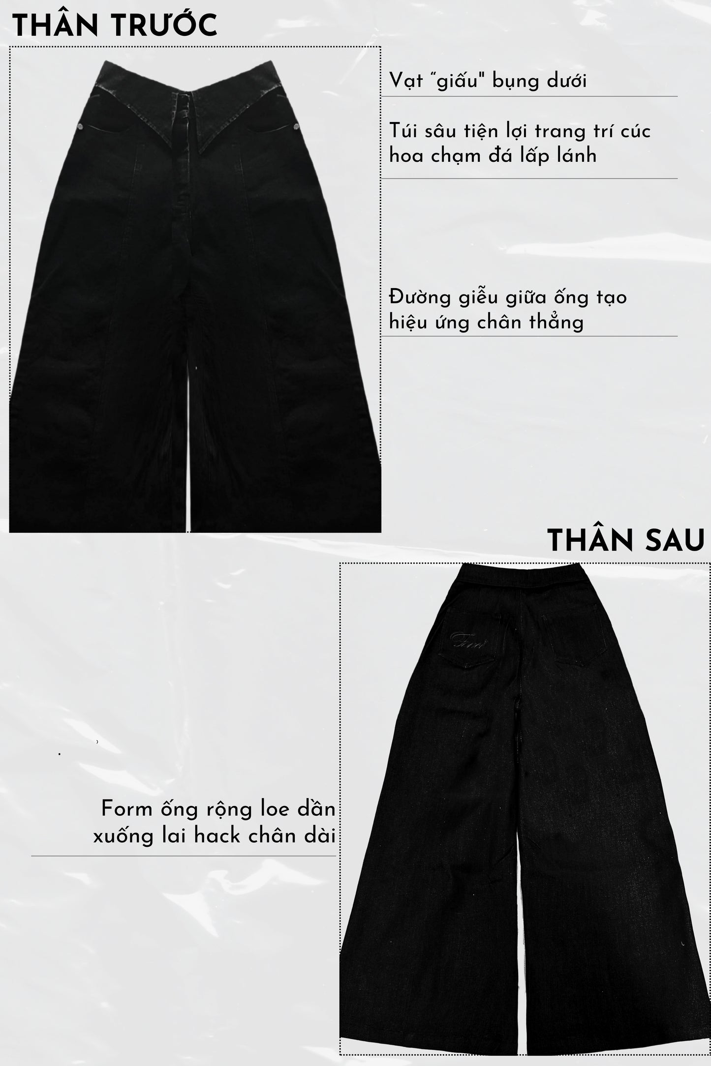 Black wide-leg pants with detailed specifications on a white background