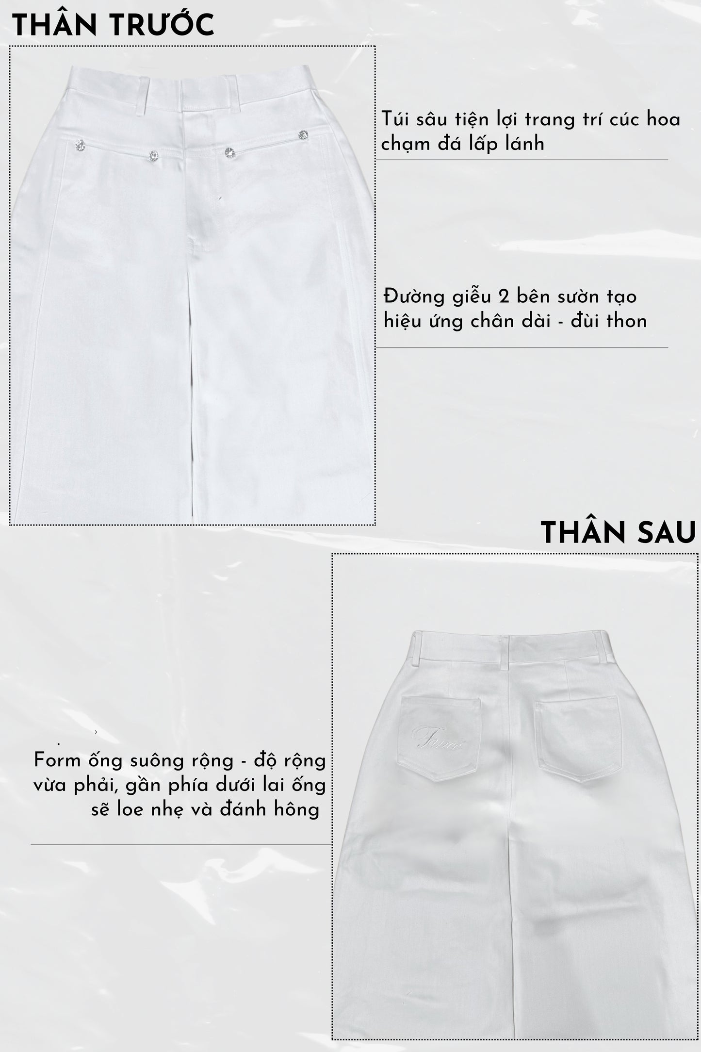 White denim skirt with detailed specifications on a light gray background