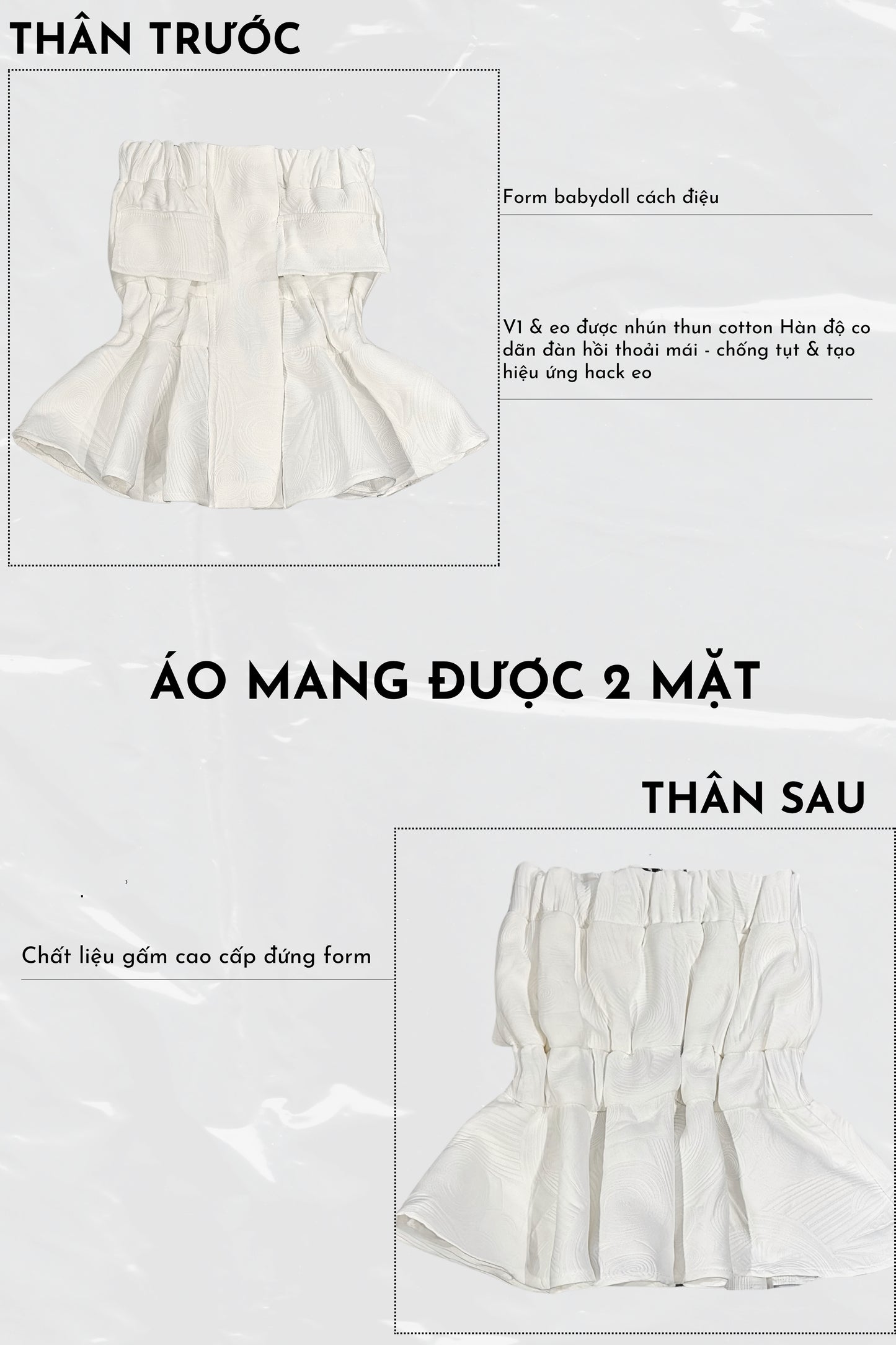 White babydoll dress with ruffled details on a white background