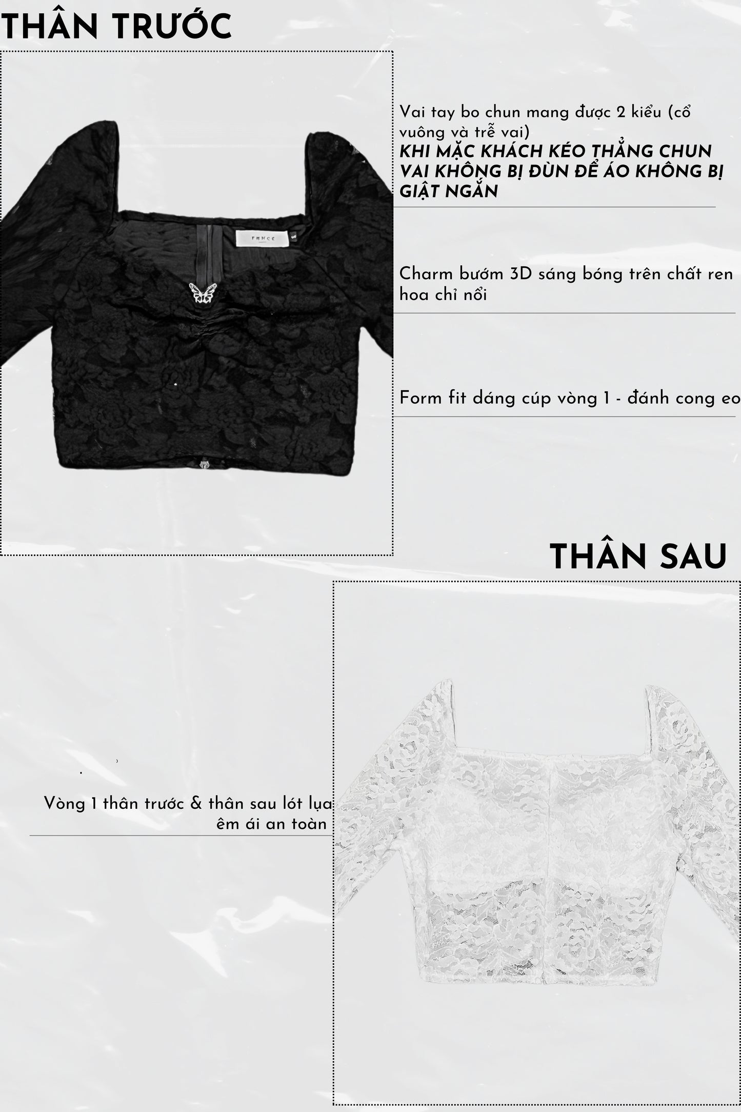 Black lace top with detailed specifications on a white background