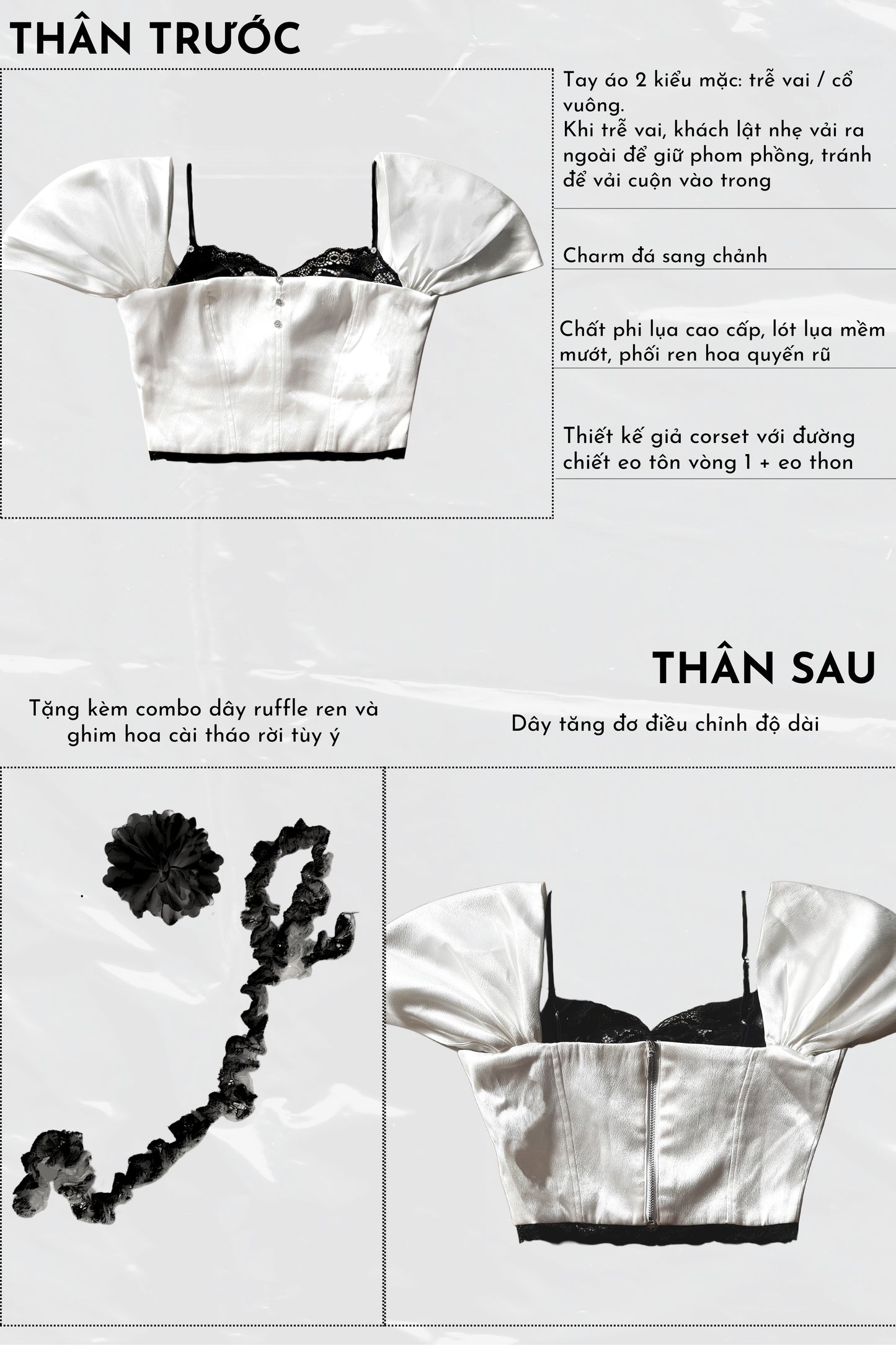 White satin top with black lace details on a gray background