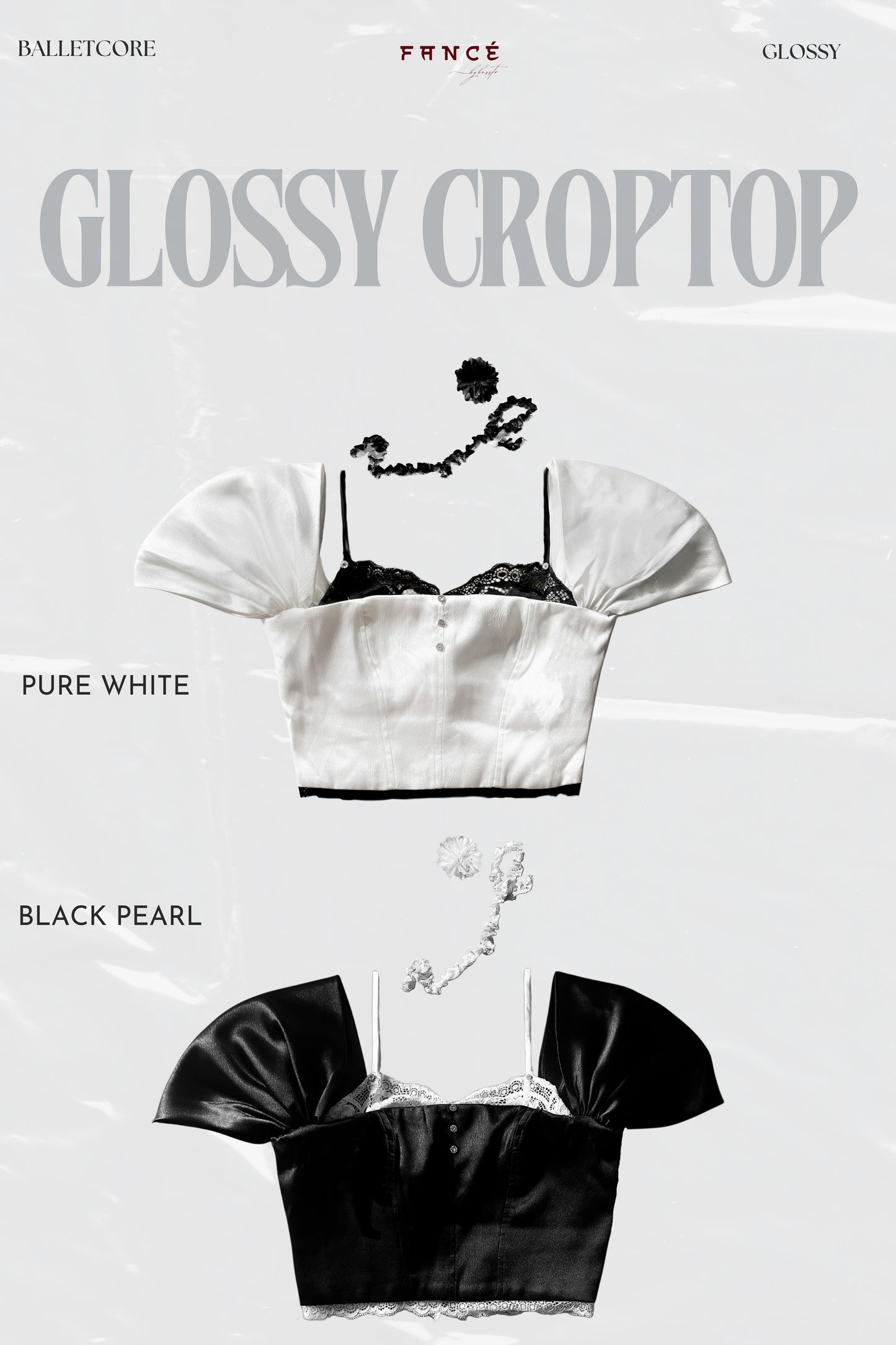 White and black satin crop tops on a white background with brand names.