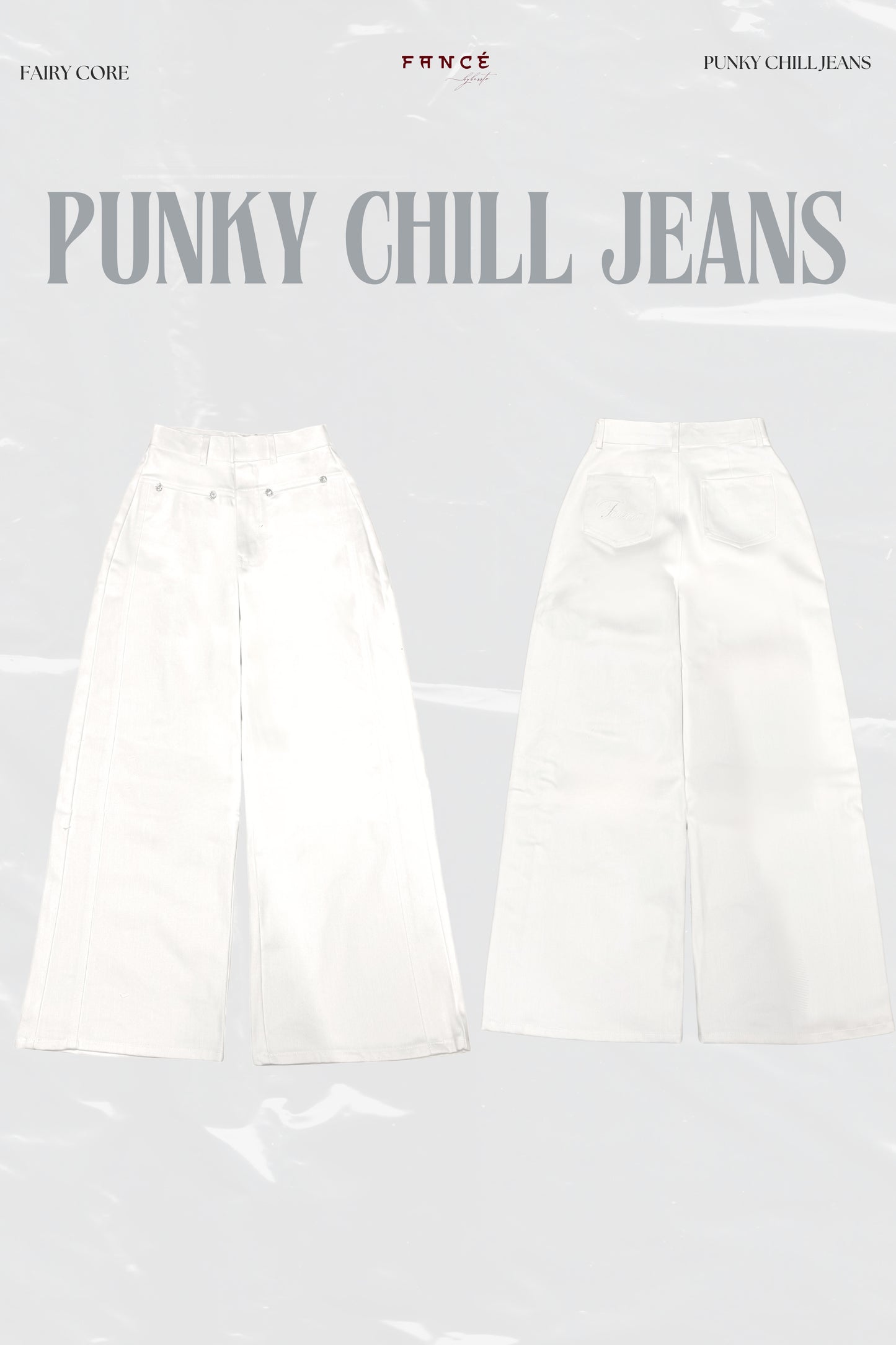 White jeans with 'Punky Chill Jeans' branding on a white background