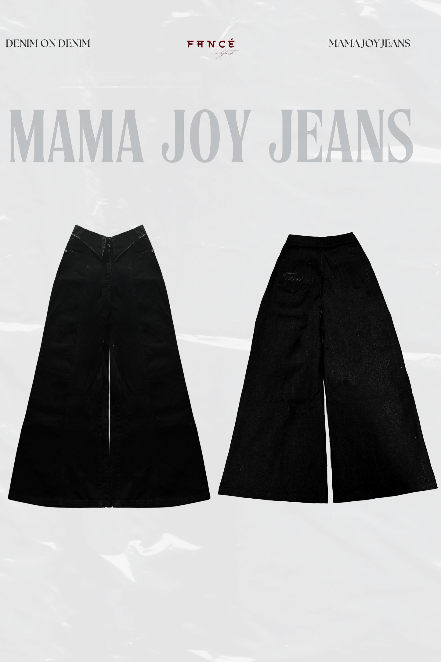 Black wide-leg jeans with 'Mama Joy Jeans' branding on a light gray background.