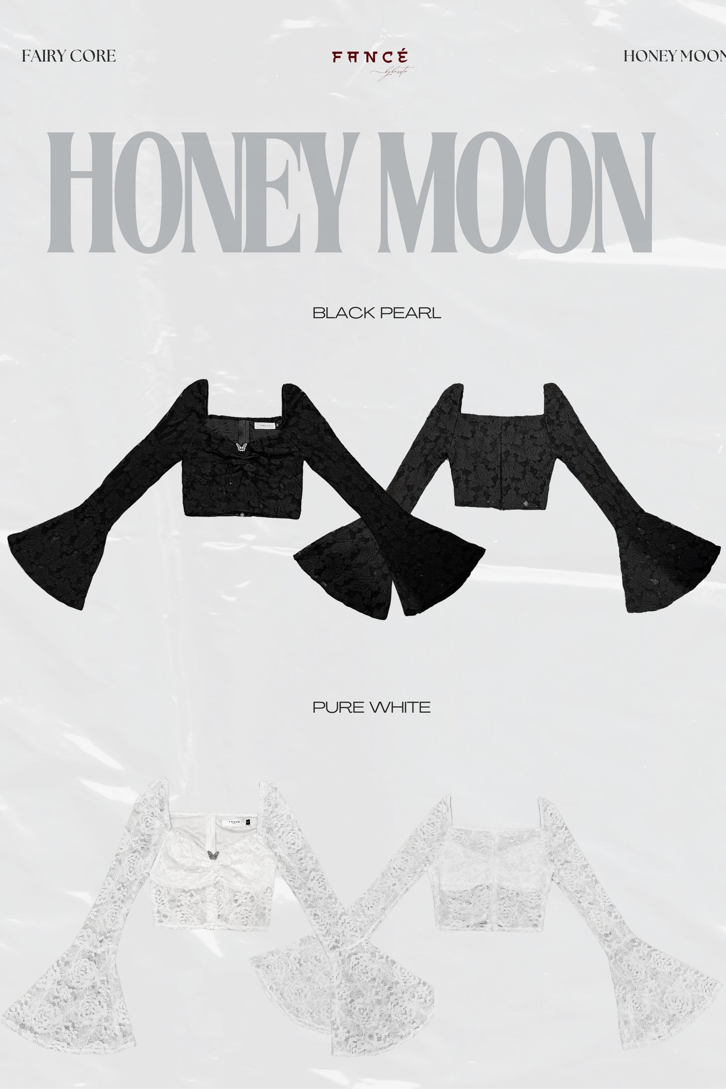 Product packaging with 'Honey Moon' branding and black and white designs.