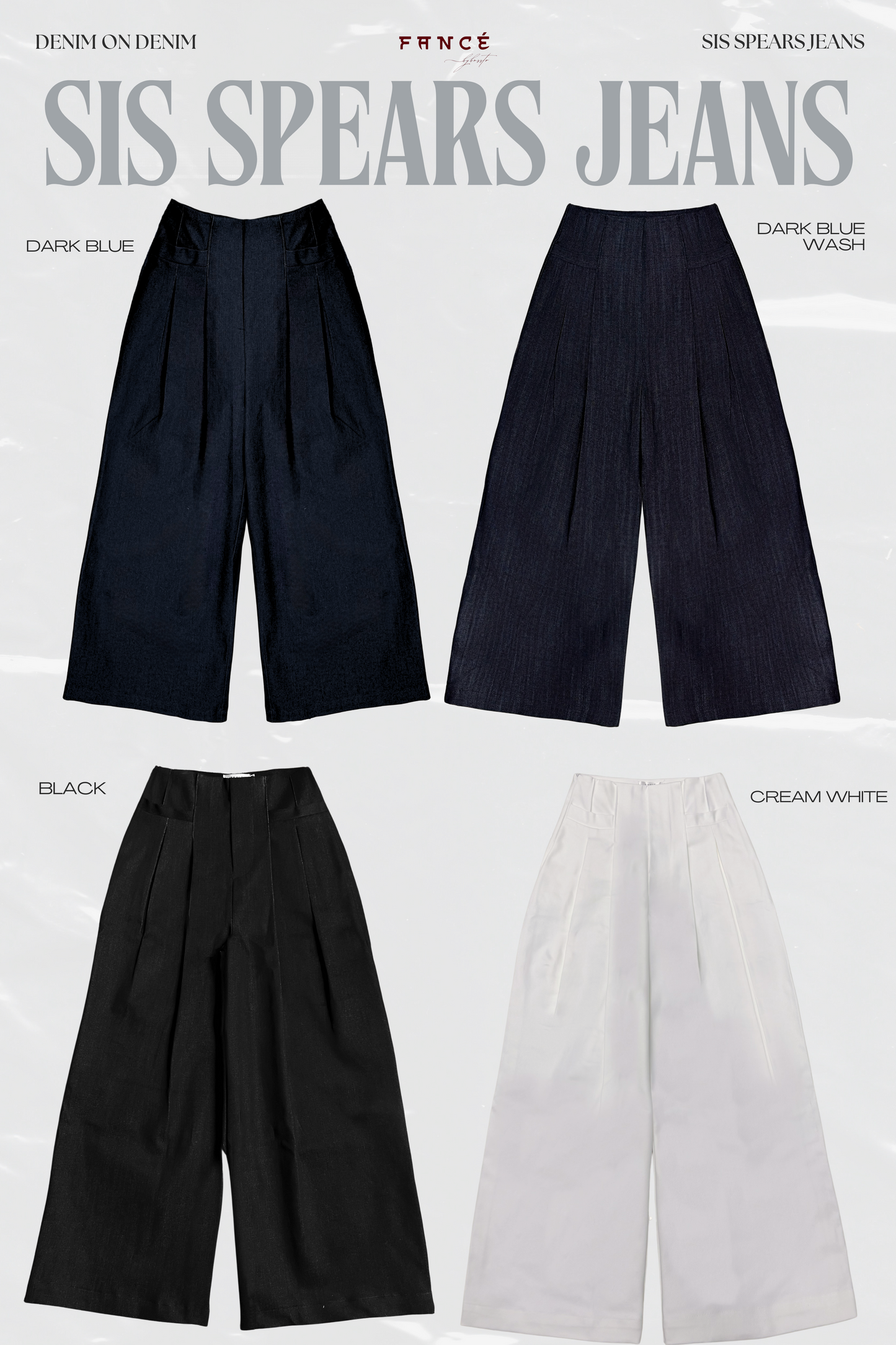 Four pairs of wide-leg jeans in dark blue, black, and cream white on a light gray background.