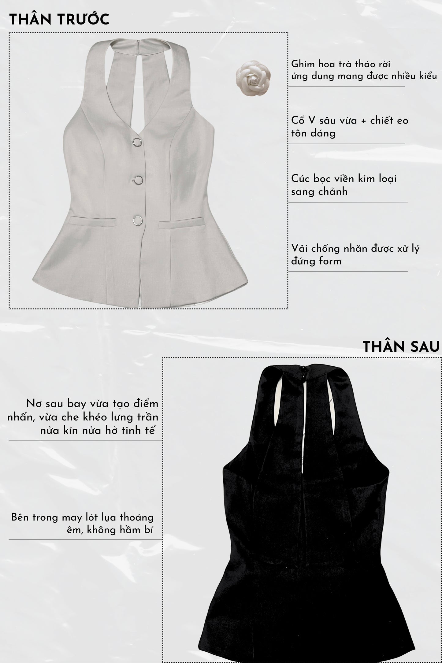 Gray and black sleeveless blouses with specifications on a white background