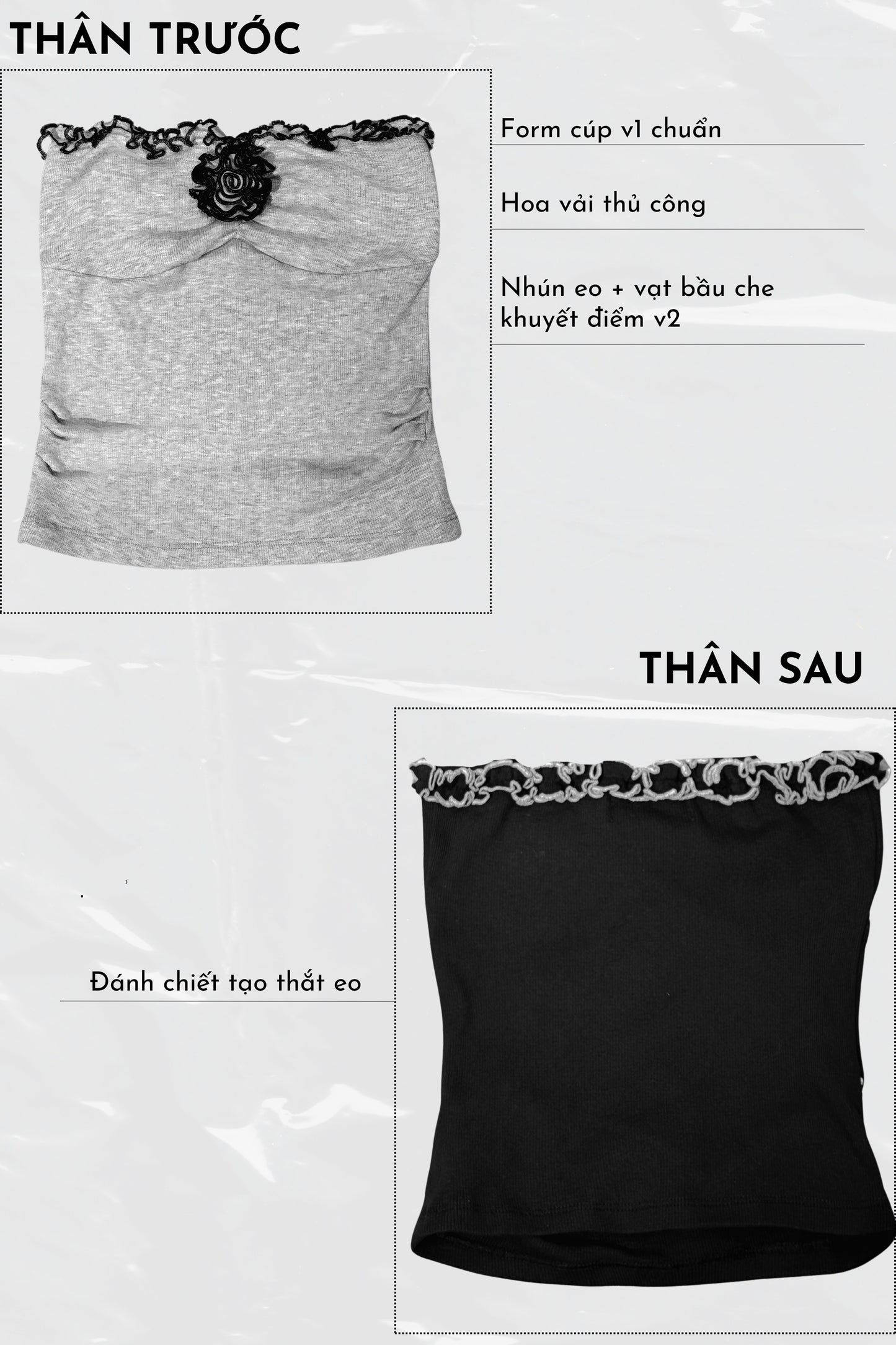 Gray and black strapless tops with lace details on a white background