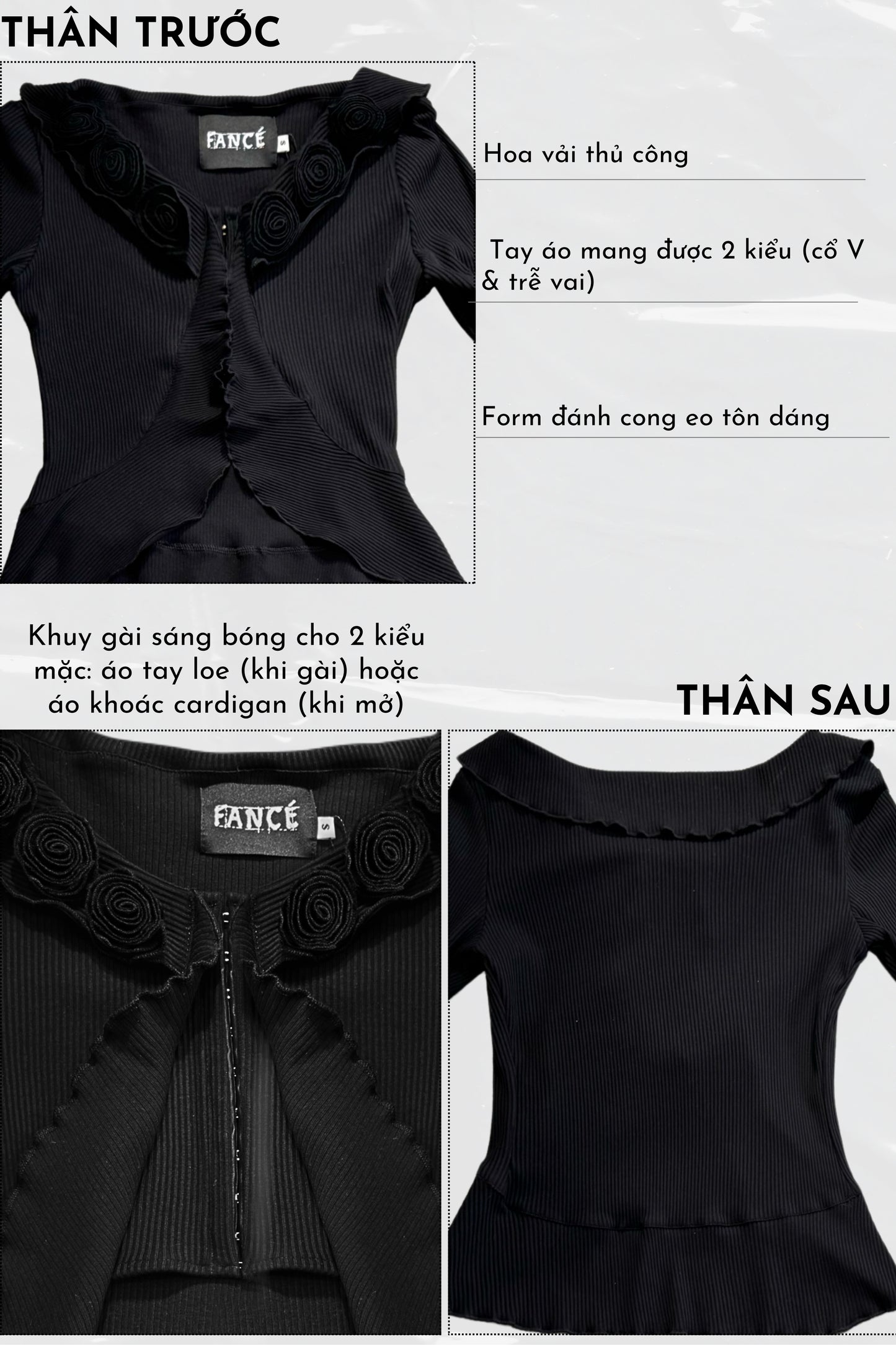 Black blouse with floral details on a white background