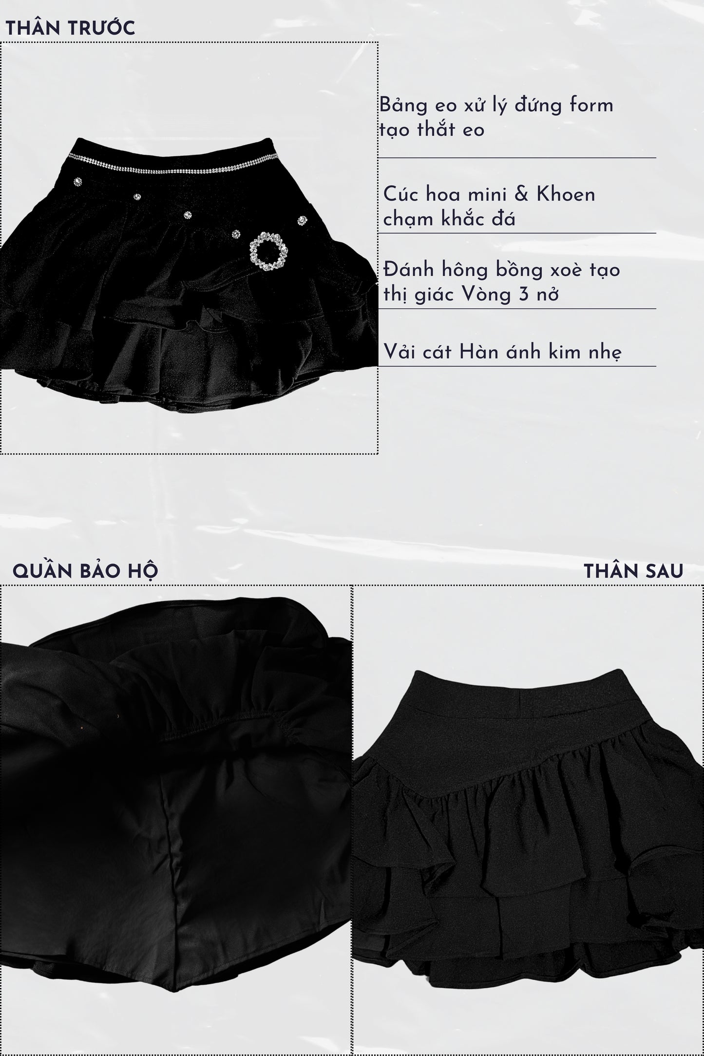 Black skirt with ruffled layers on a white background