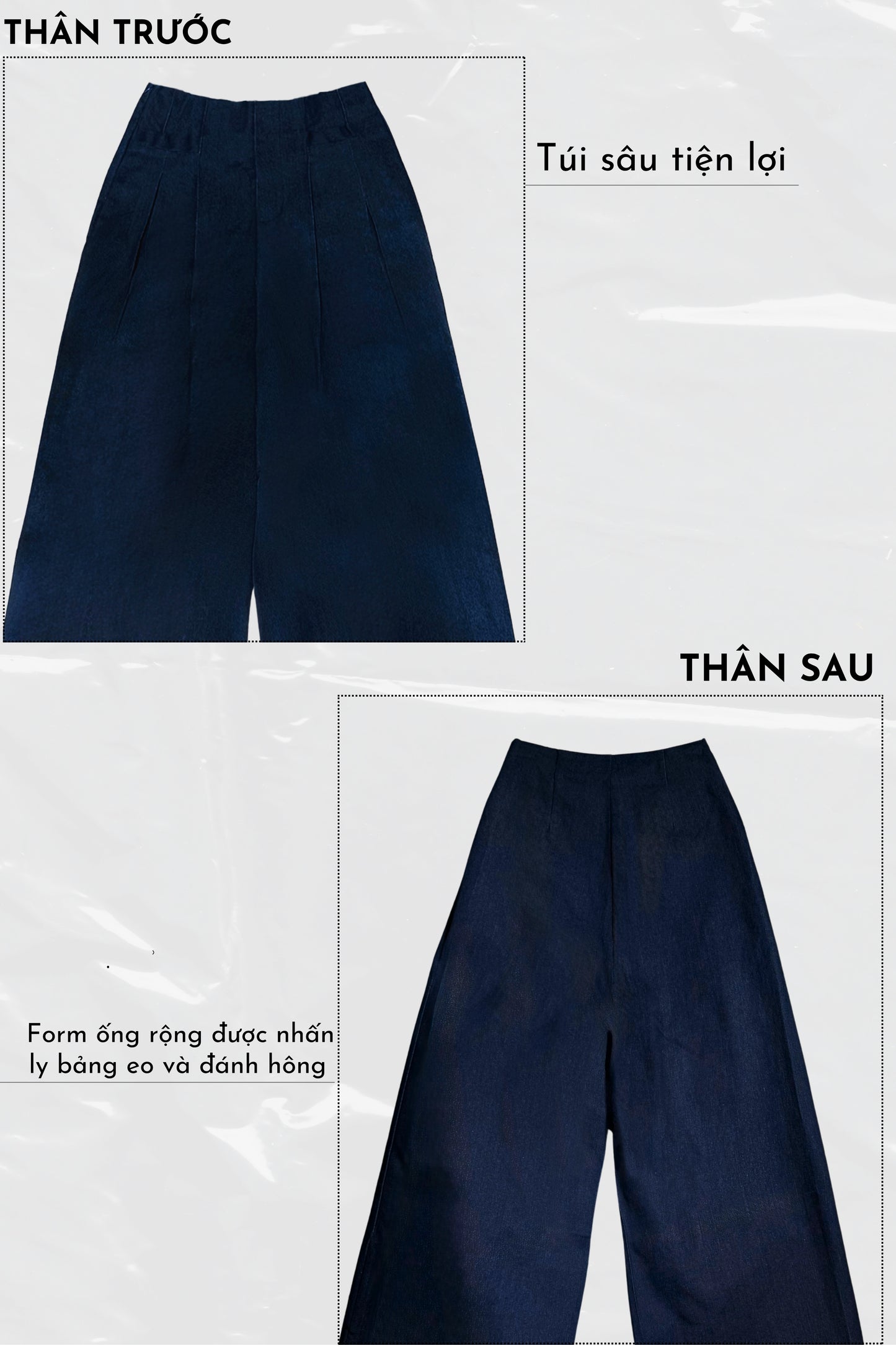 Navy blue wide-leg pants shown from front and back on a light gray background.