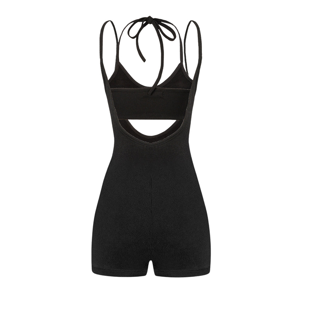 Black ribbed romper with cut-out design on a white background