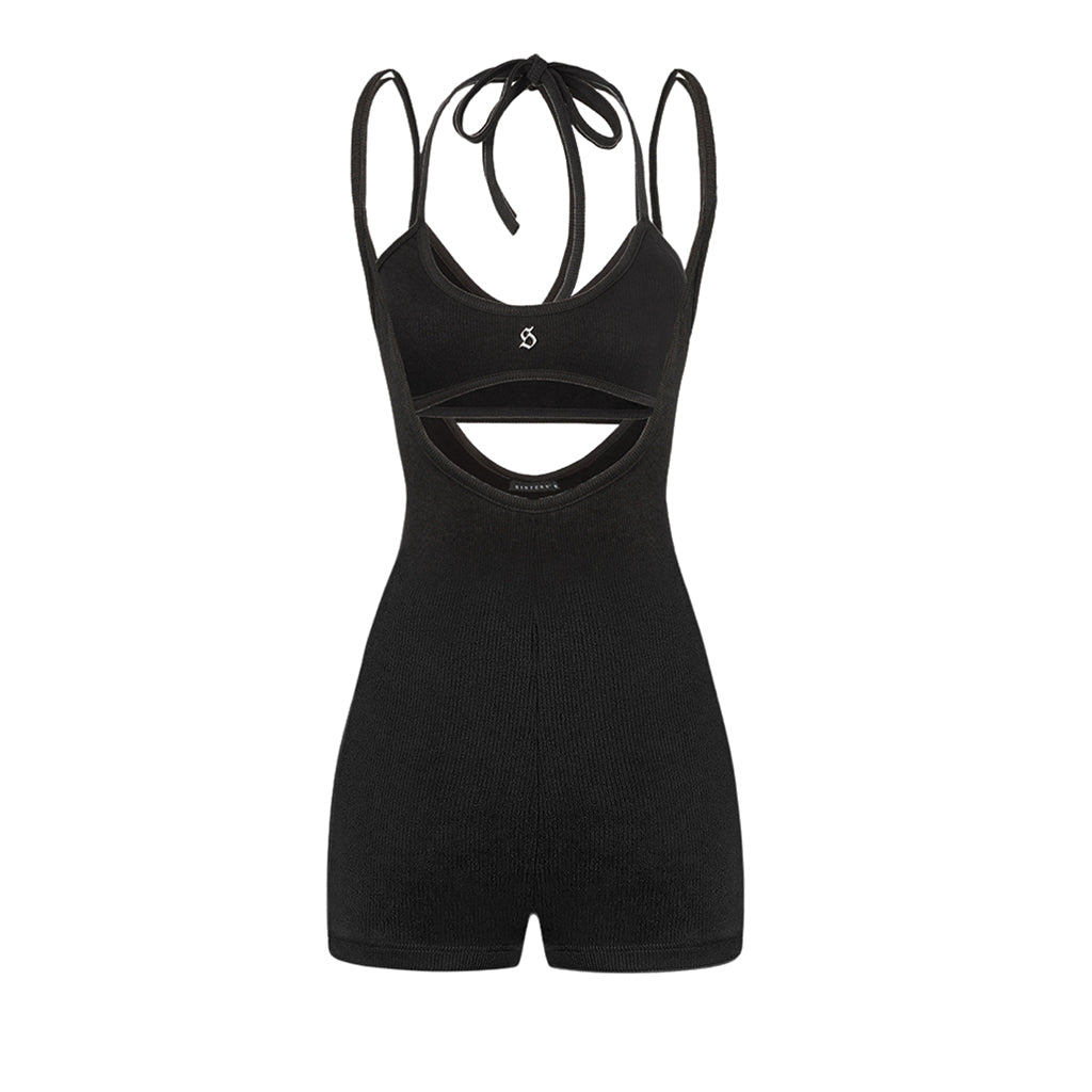 Black ribbed romper with thin straps on a white background