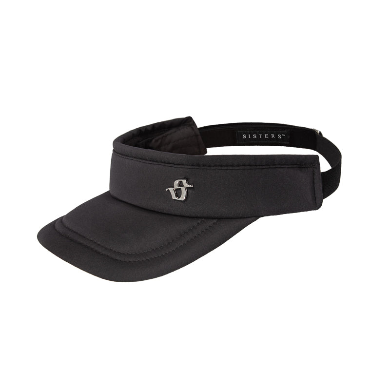 Black visor cap with brand logo on a white background