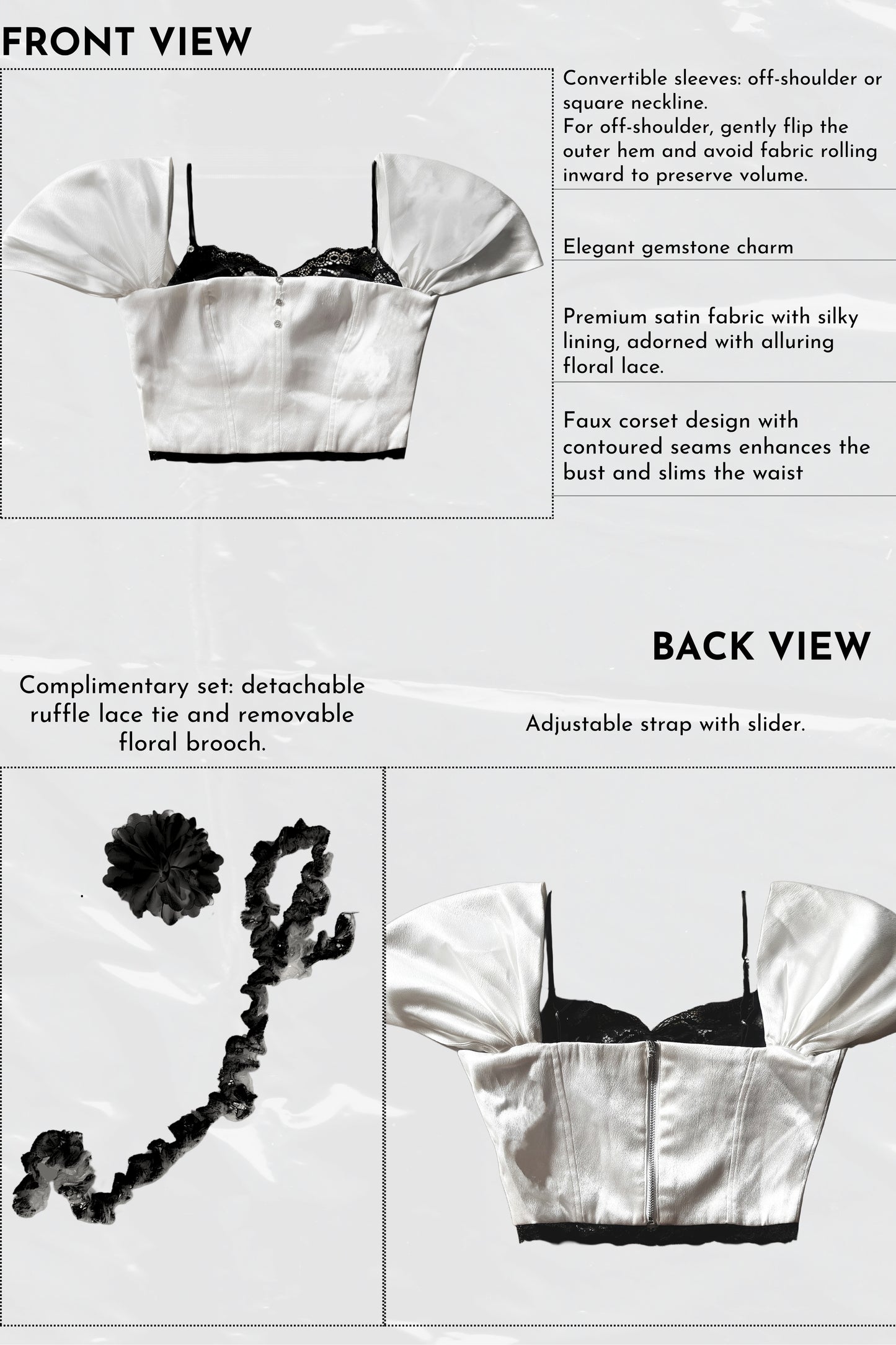 Black and white lingerie set with detailed features on a light gray background
