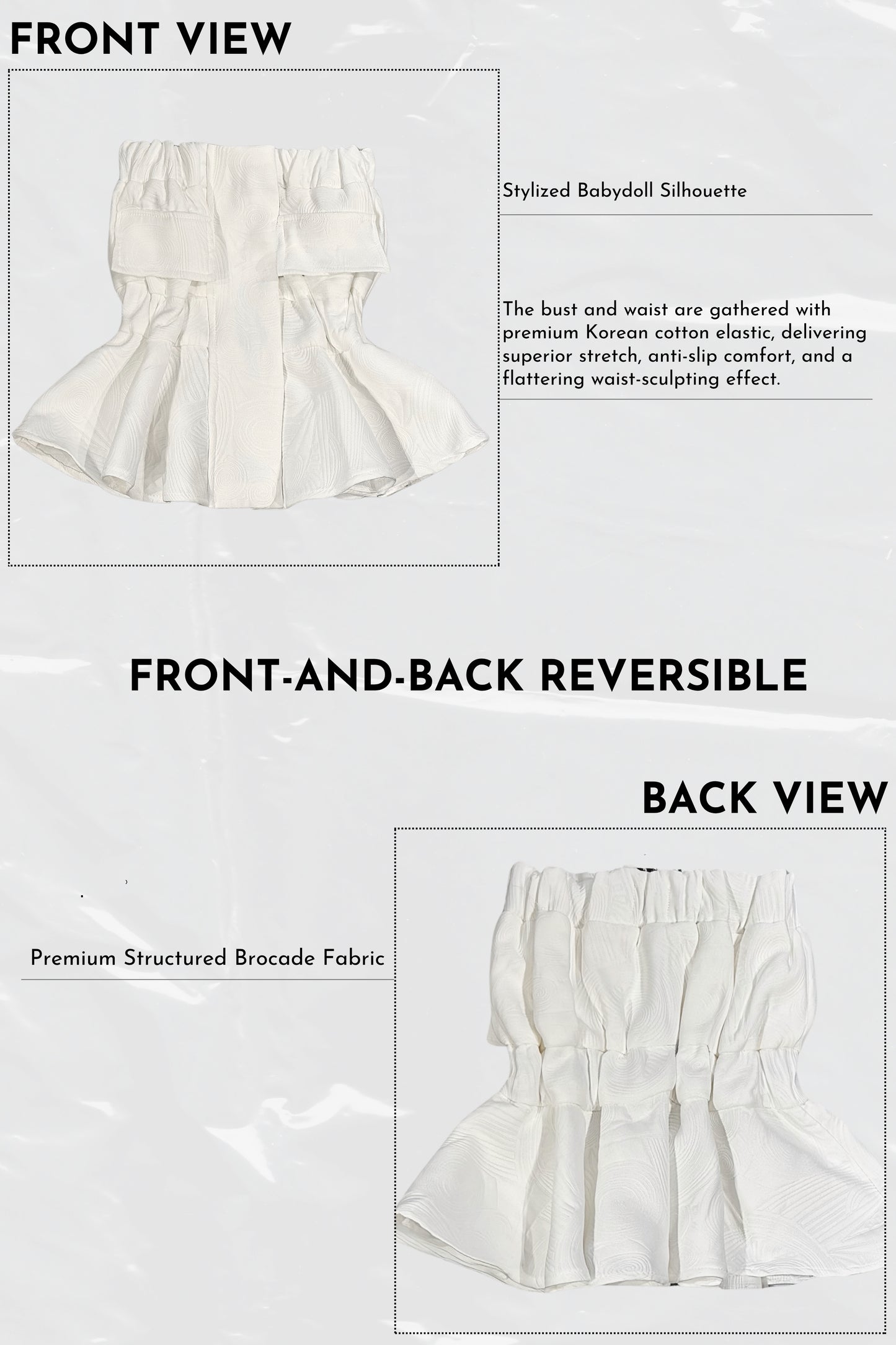 White skirt with text describing its features on a white background