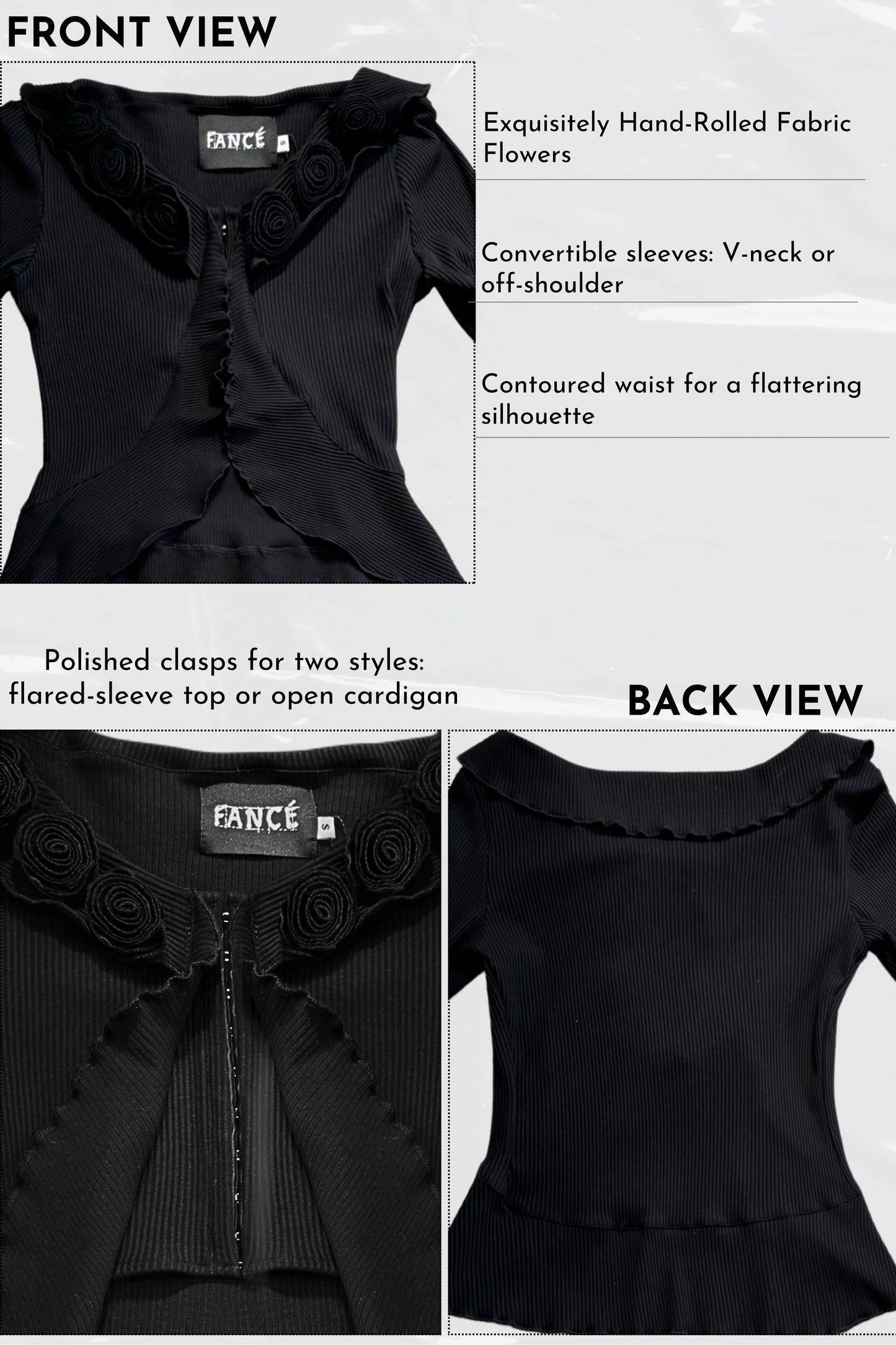 Black top with floral details on a white background