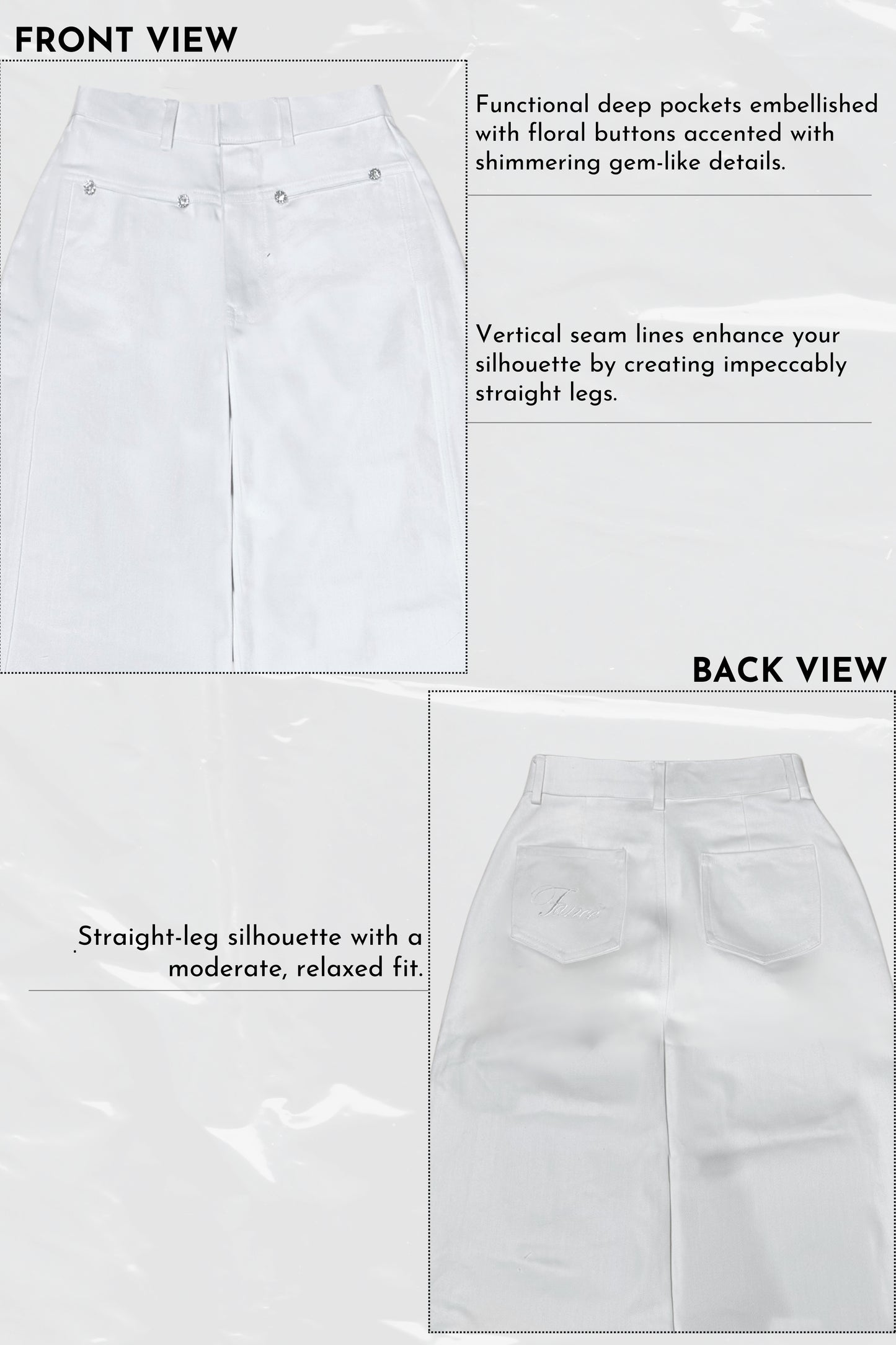 White pants with text describing features on a white background