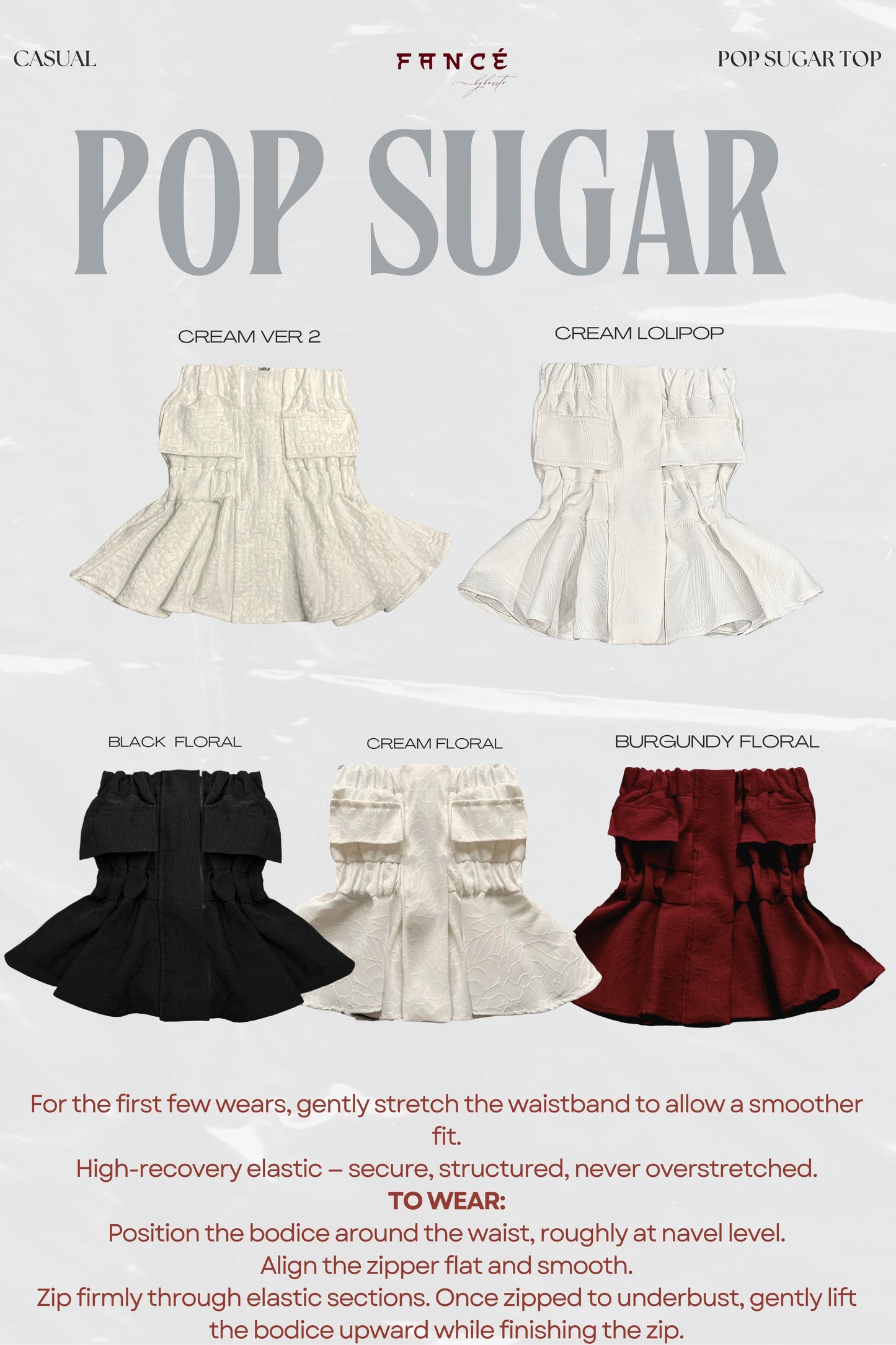 Promotional graphic for Pop Sugar clothing with various skirt designs.