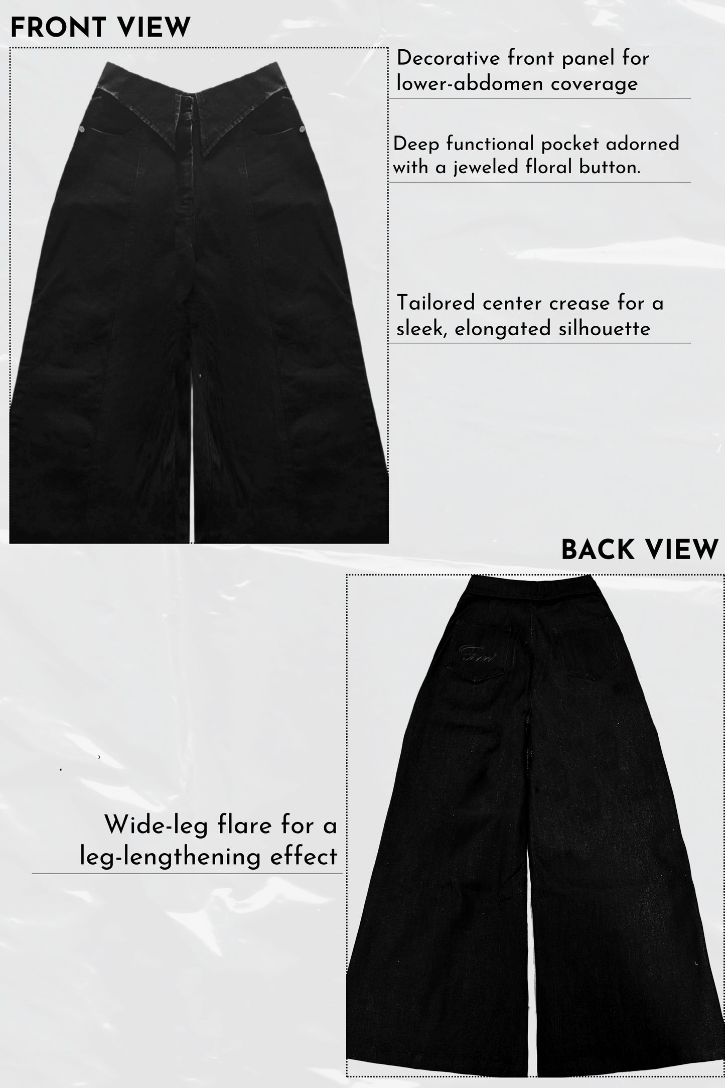 Black pants with decorative front panel, deep functional pocket, and wide-leg flare on a white background.